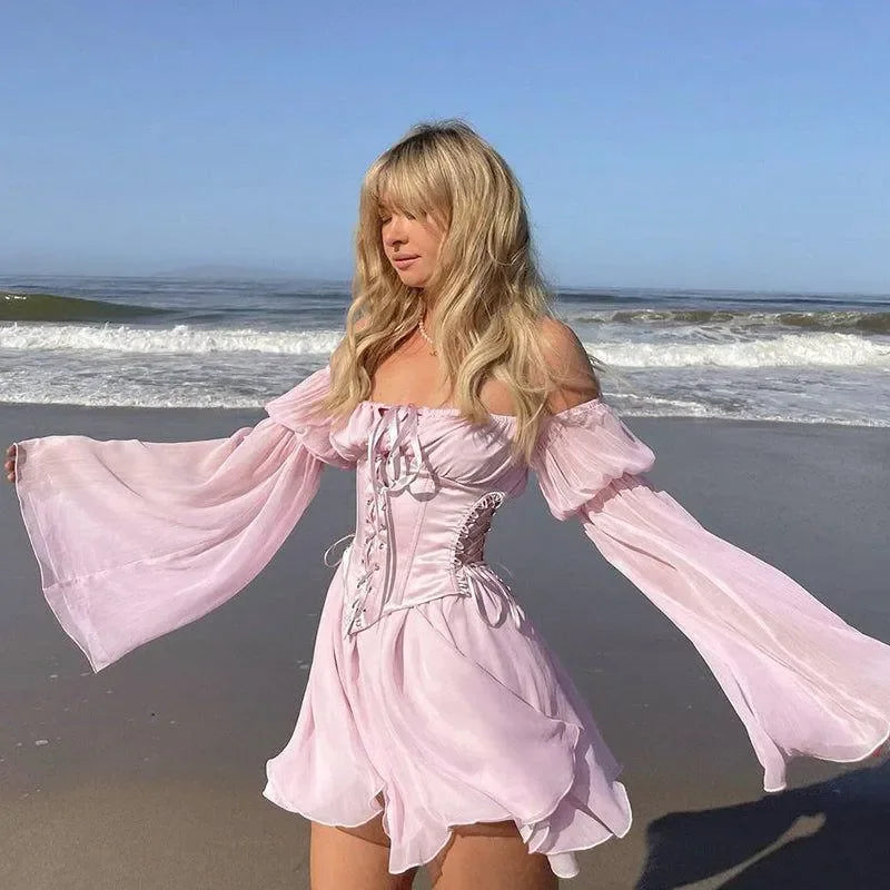 Charming Lace-Up Romantic Mini Dress in Pink and White