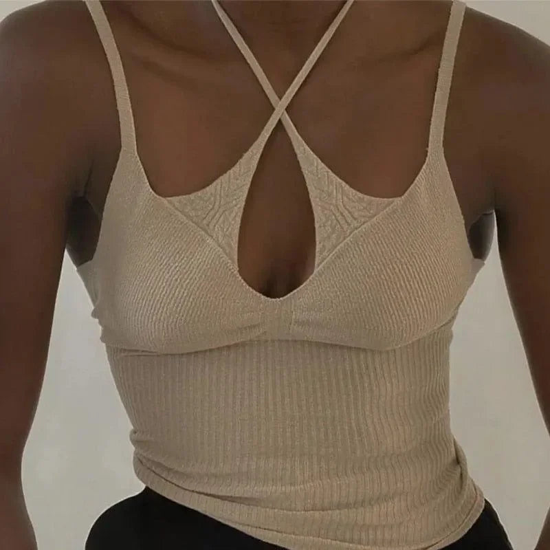 Cotton Halter Crop Top in Beige, Black, White - Womens Stylish Casual Wear