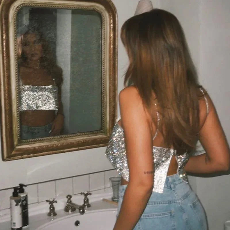 Sparkling Sequin Glam Crop Top in Silver
