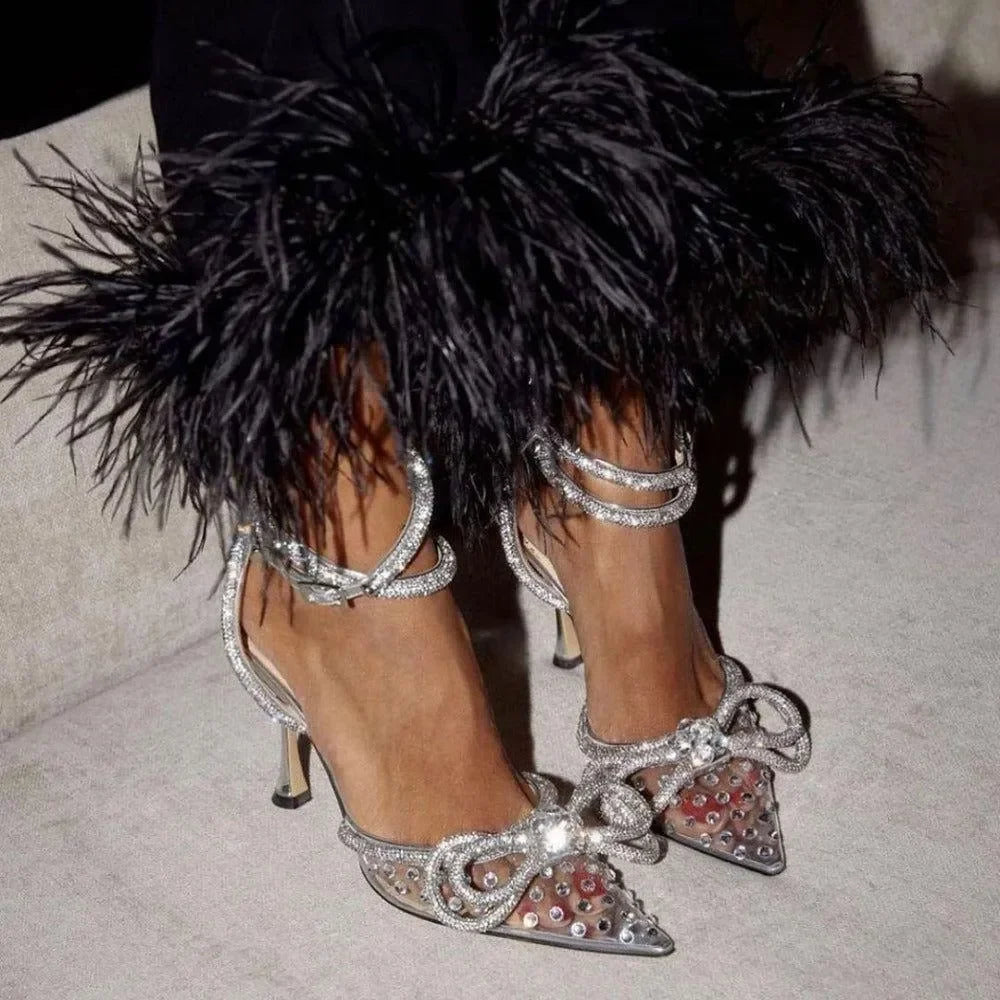 Crystal Embellished Heels with Double Bow Detail