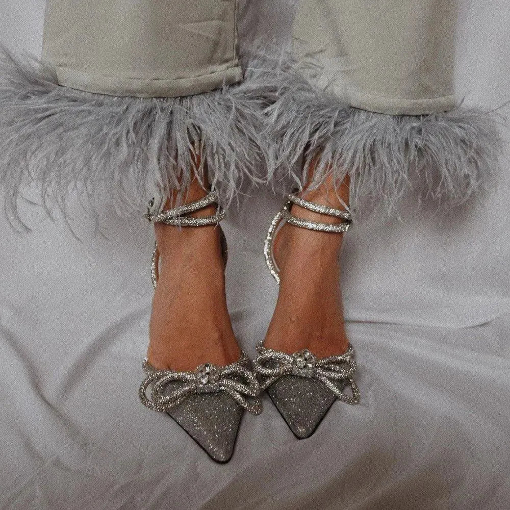 Silver Glitter Wrap Around Bow Heels - Womens Elegant Statement Footwear