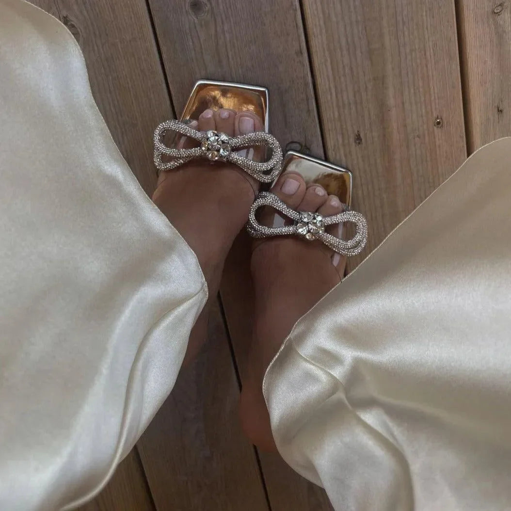 Silver Diamond Bow Wrap Heels - Elegant Wrap-Around Design