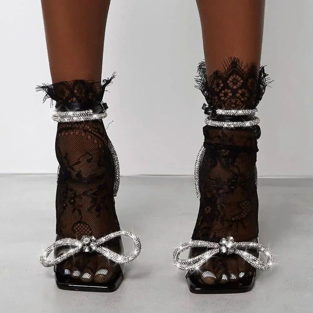 Beaded Bow Square Toe Pyramid Heel Wrap Around Ankle Heels