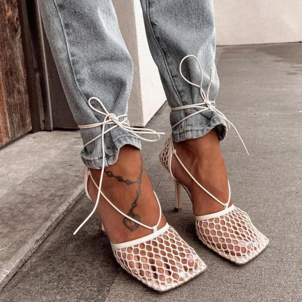 Chic Lace-Up Square Toe Mesh Sandals in Yellow/Black/Green/White