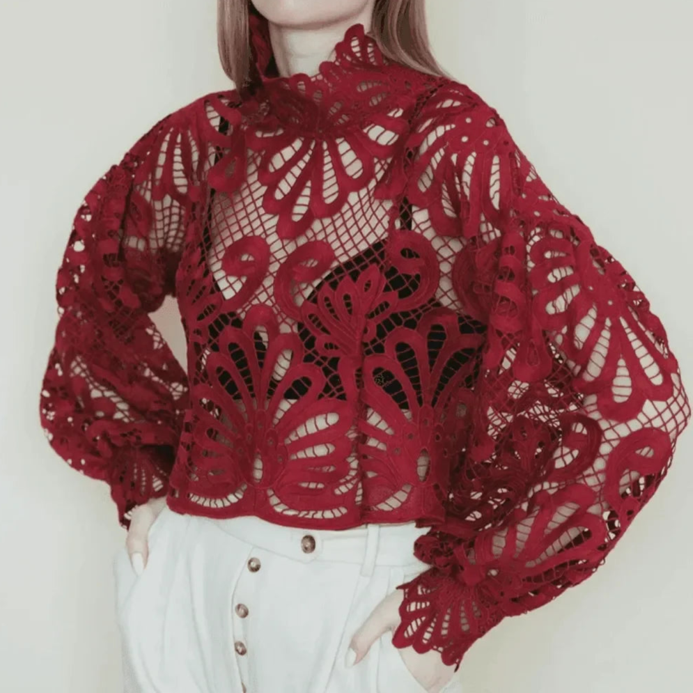 Elegant Lace Lantern Sleeve Blouse