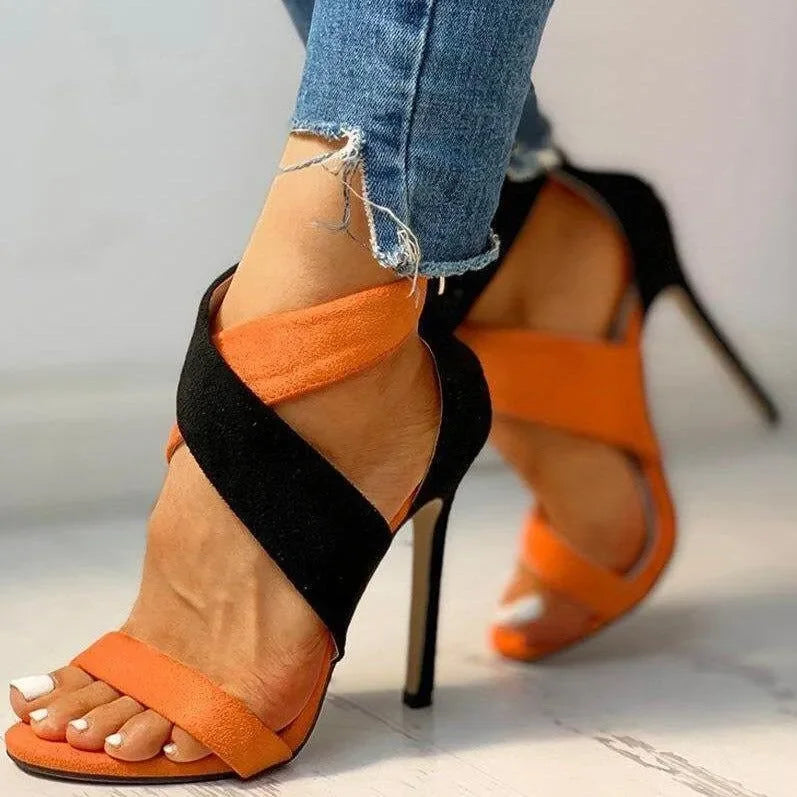 Orange Cross Strap Stiletto Sandals - Elegant Heels for Special Occasions