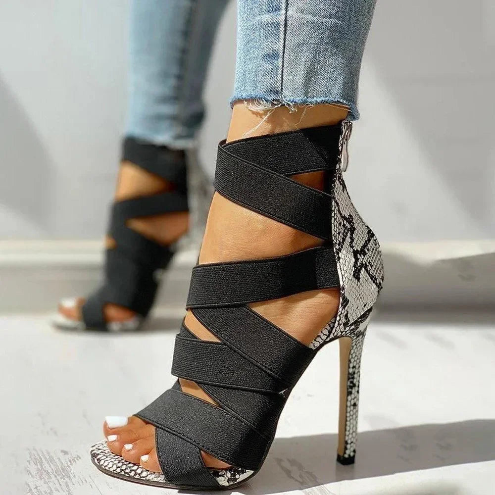 Snake Print Lace-Up Heels in Black or Beige