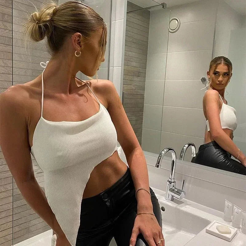 White Ribbed Asymmetric Halter Crop Top