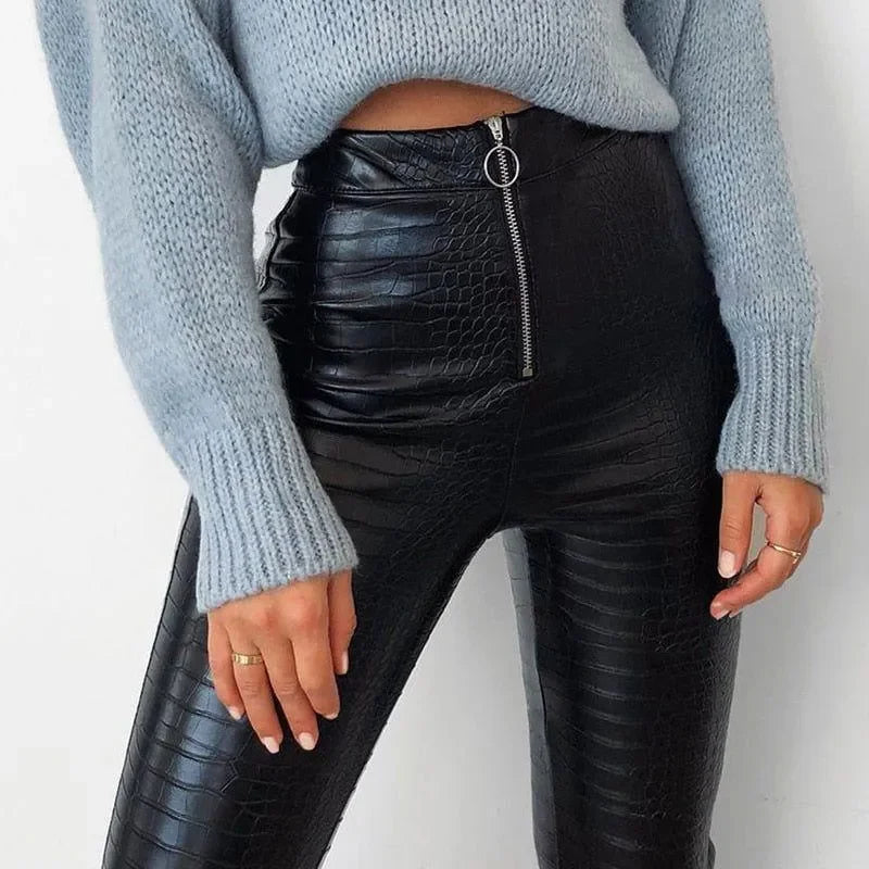 Black Faux Leather Ankle-Length Pants