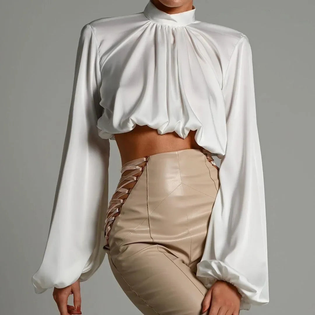 Elegant Turtleneck Puff Sleeve Satin Shirt