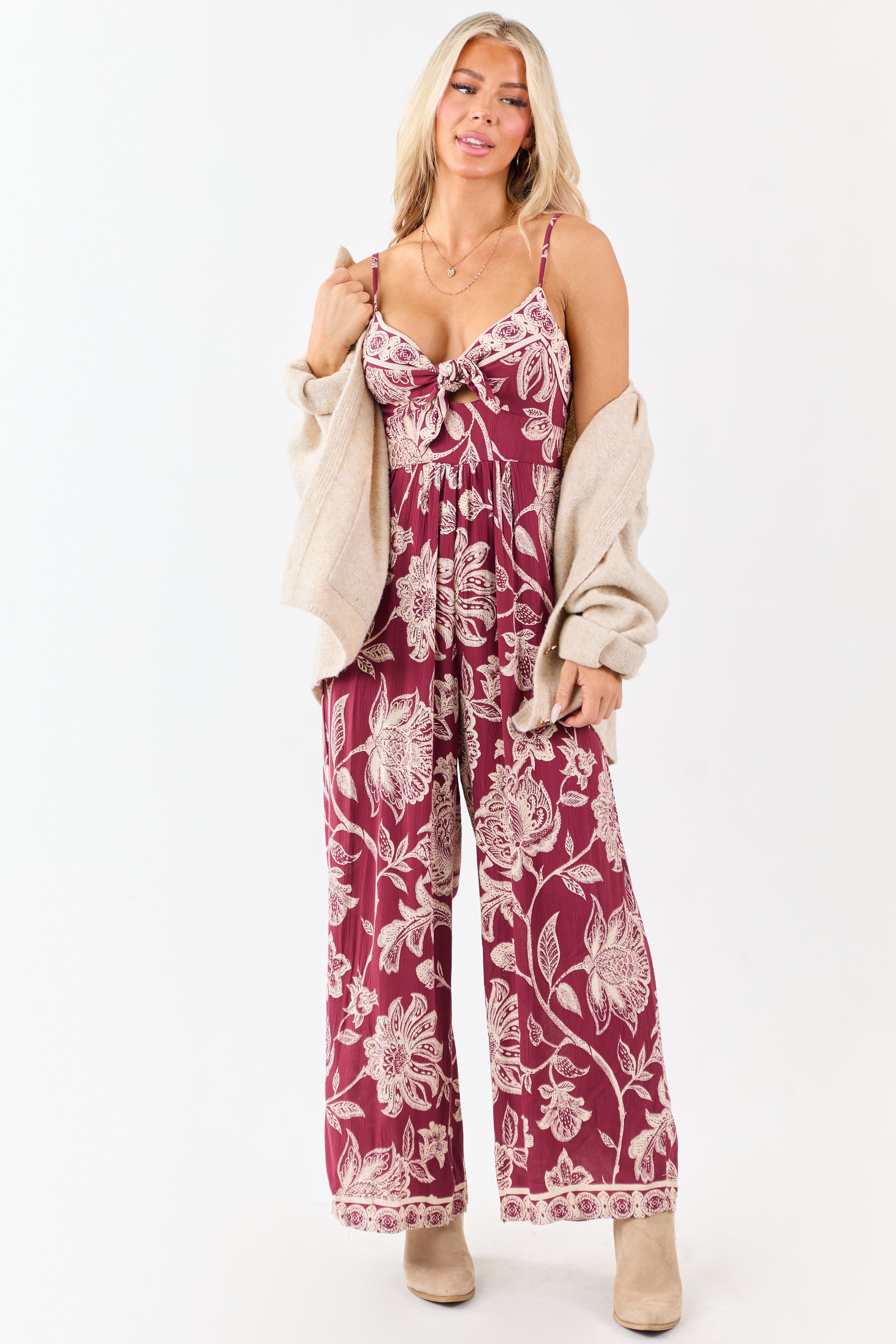 Floral Print Tie Front Wide Leg Jumpsuit Maroon Color
