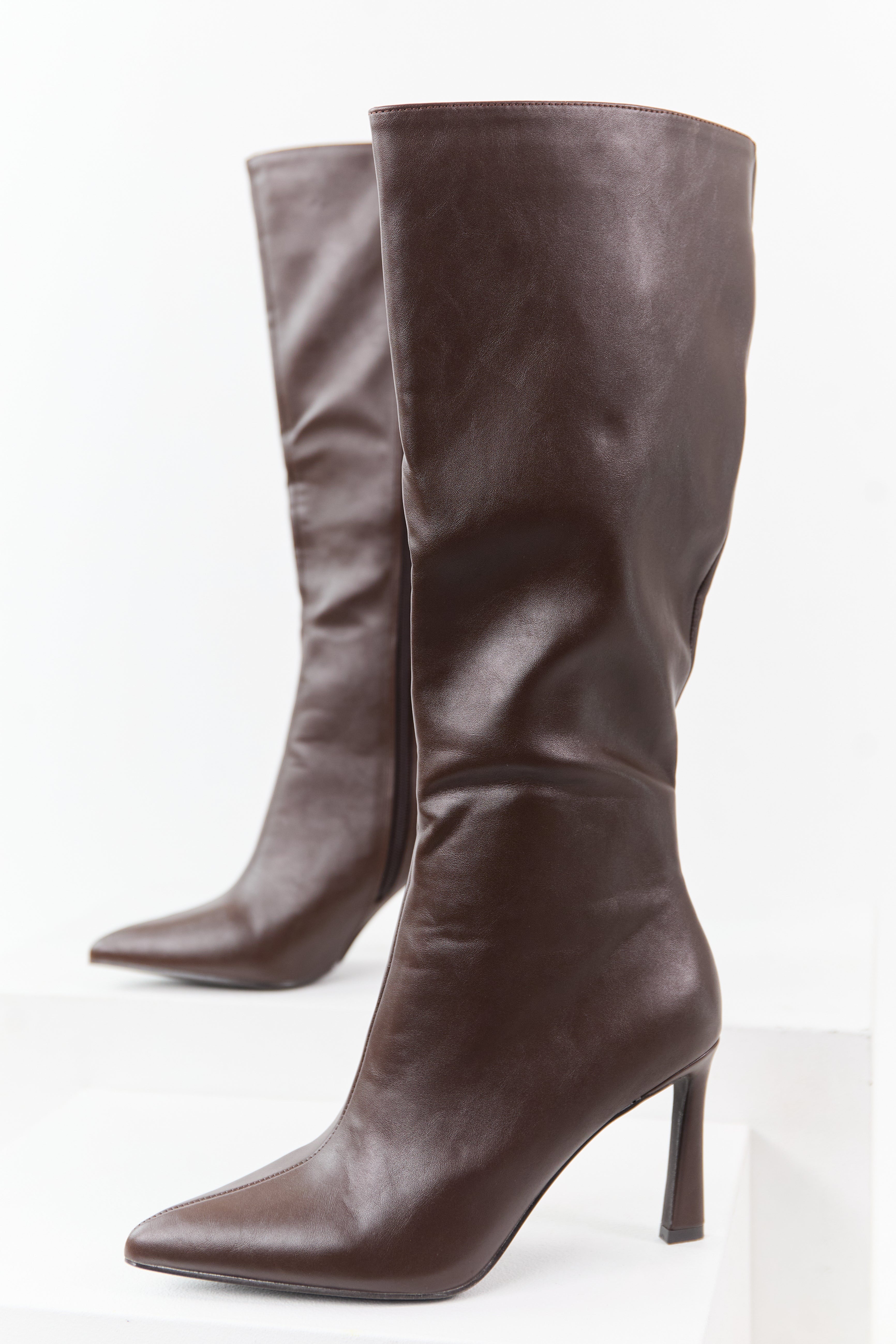 Brown Faux Leather Stiletto Heel Tall Boots