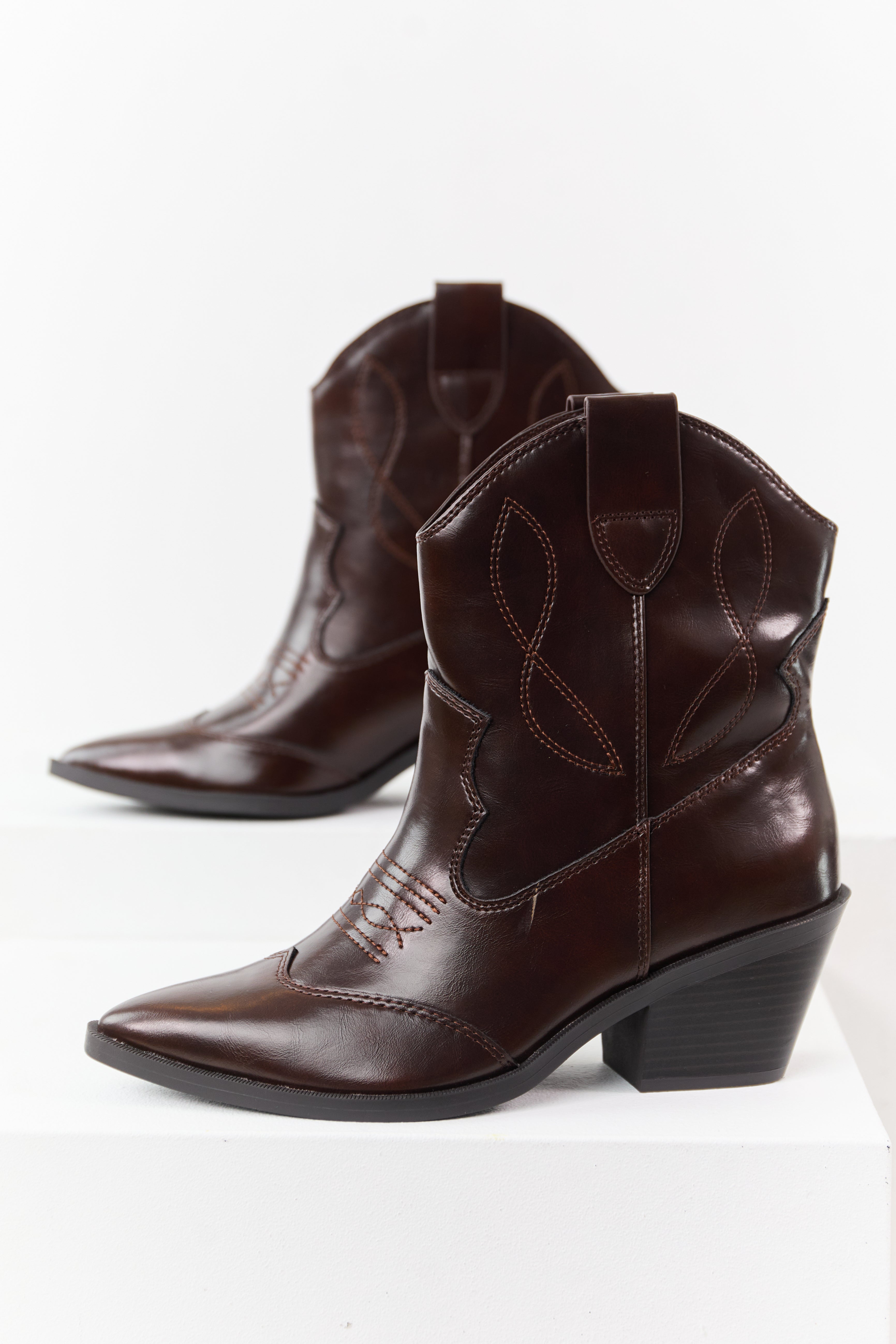 Brown Western Style Short Boots - Faux Leather, Stacked Block Heel