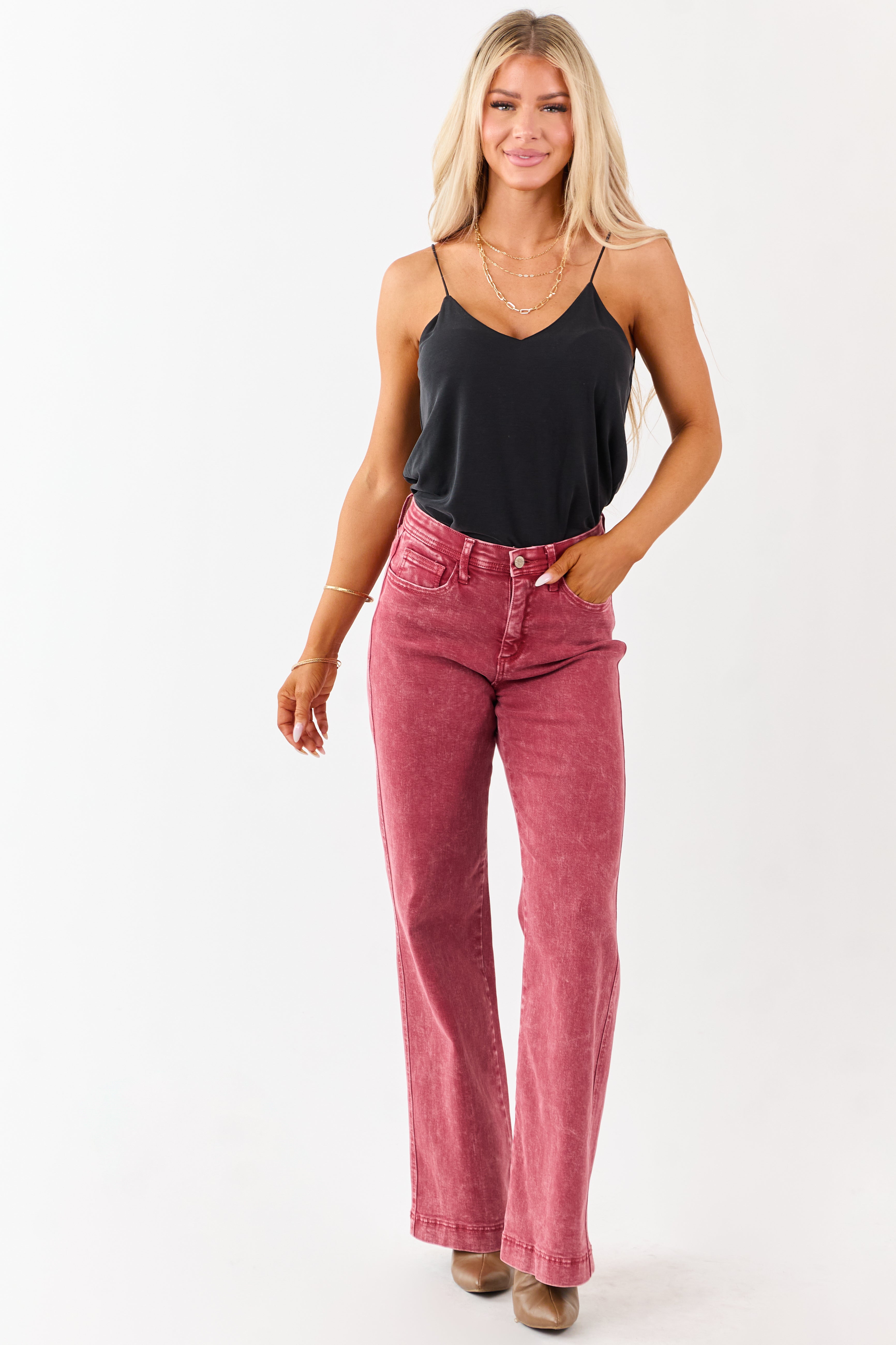 Slimming High Rise Red Straight Jeans with Tummy Control Mesh Panel