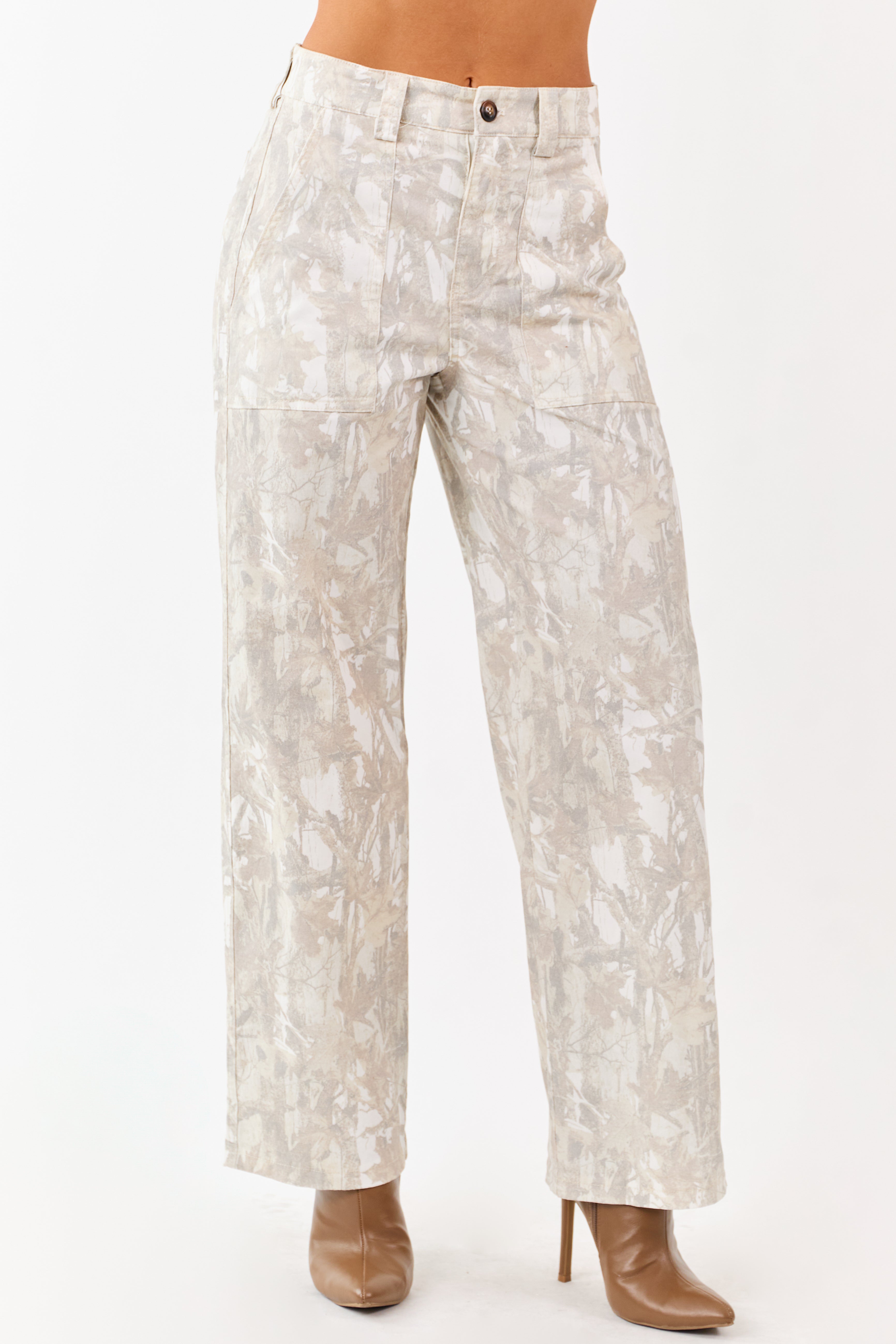 High Rise Straight Camo Utility Jeans in Ivory Taupe Cream