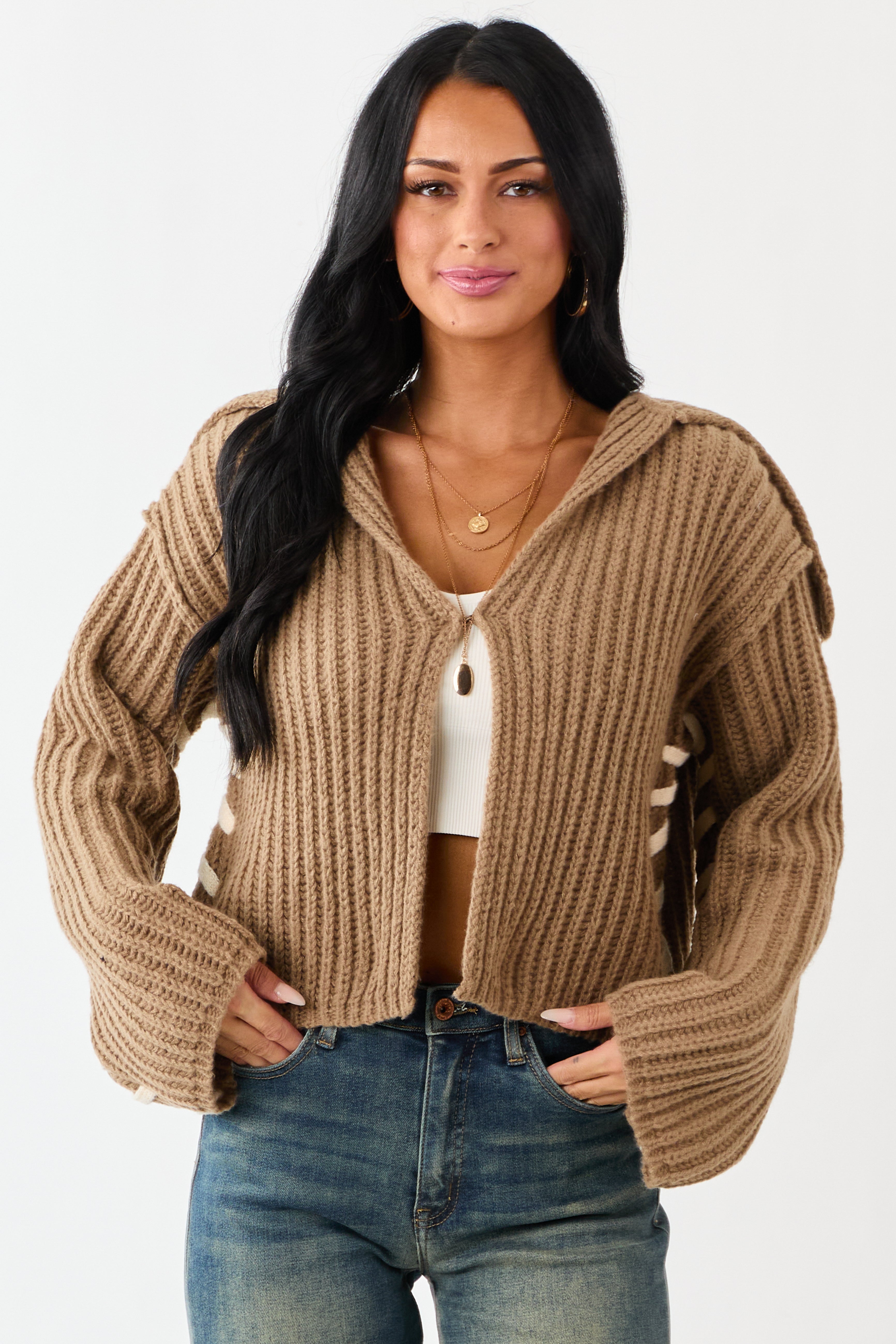 Cream Rib Knit Cardigan with Contrast Stitching