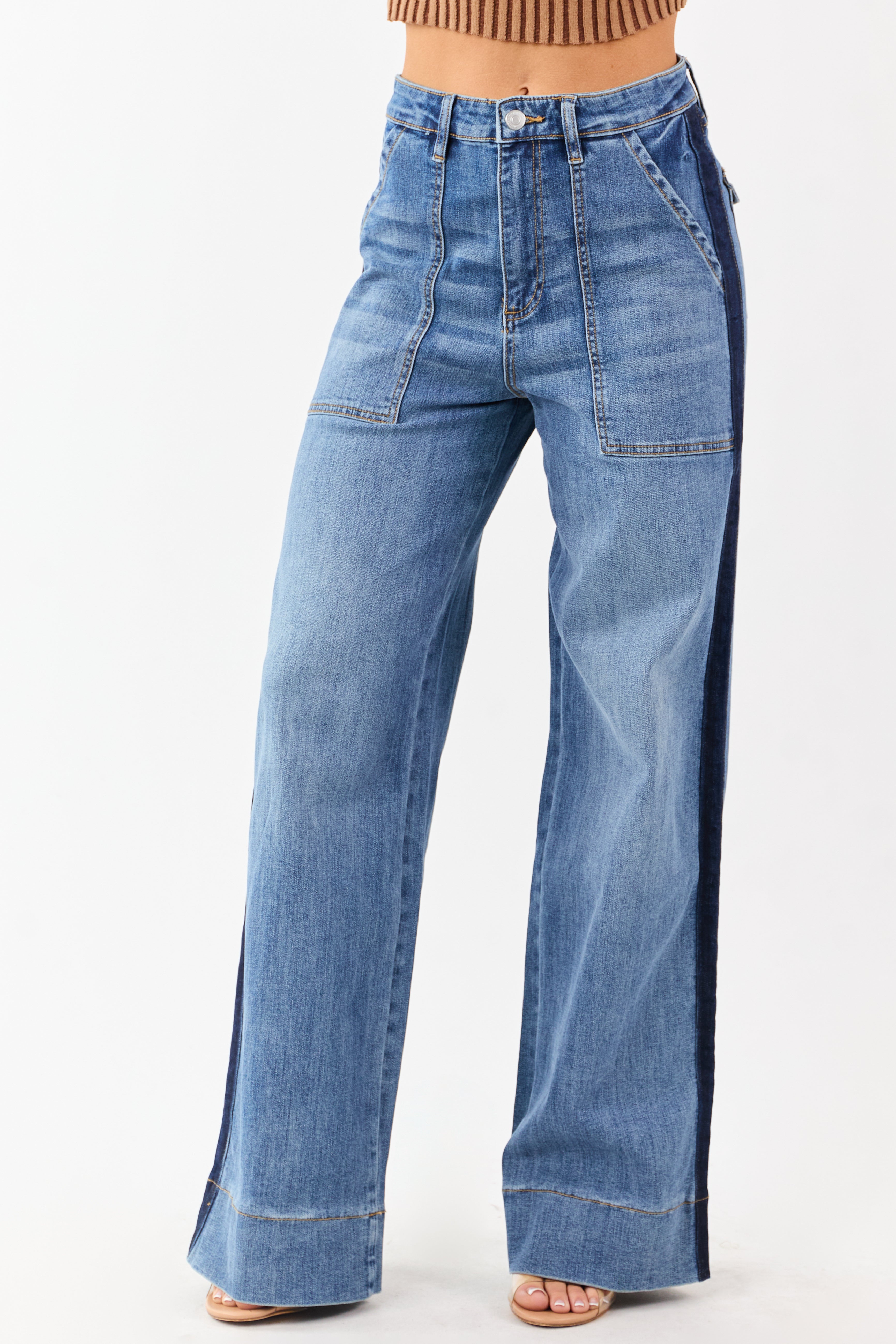 Medium Wash Tux Style Wide Leg Denim Jeans