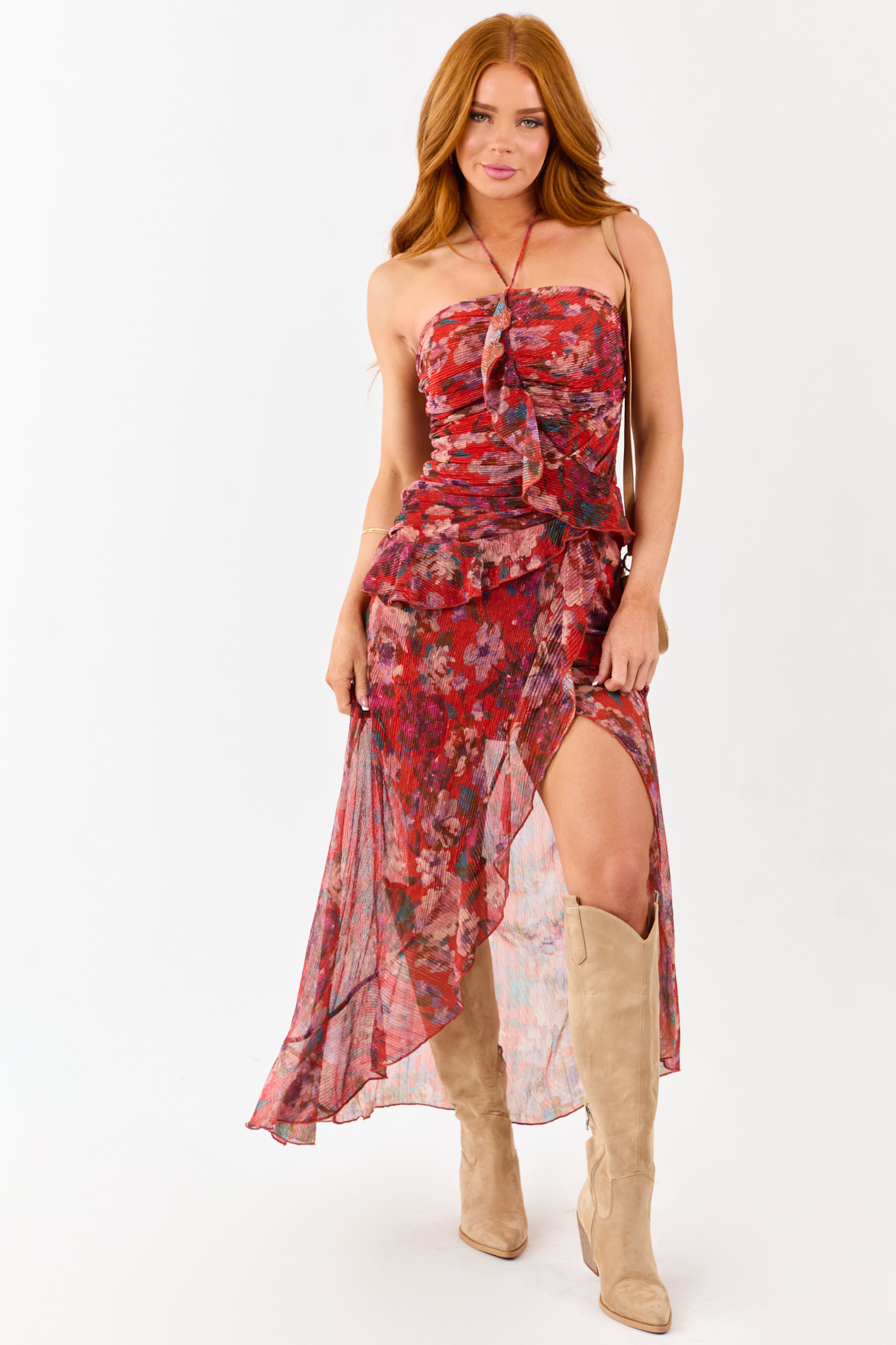 Romantic Halter Maxi Dress with Floral Print in Scarlet