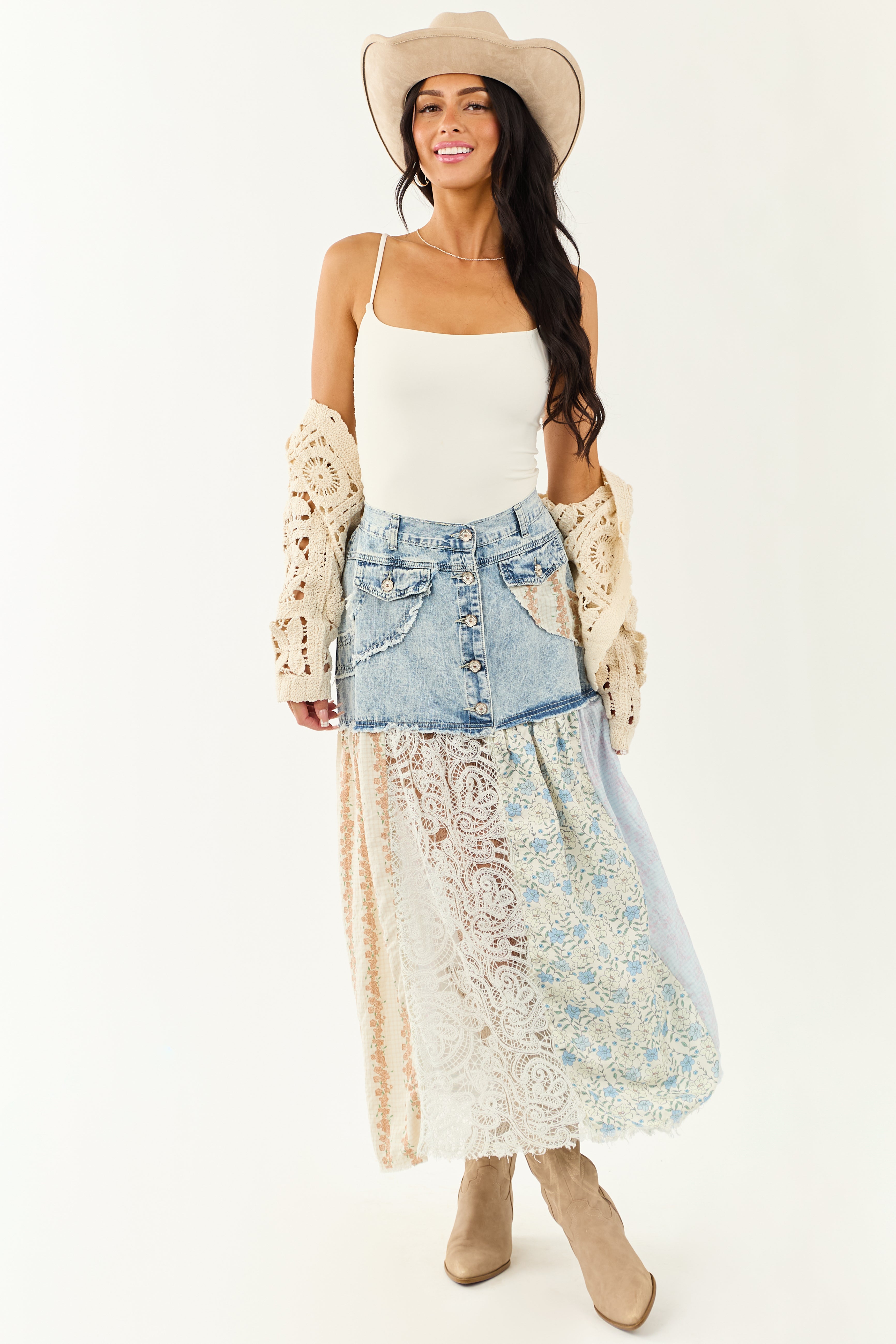 Boho Patchwork Denim Maxi Skirt in Vintage Style