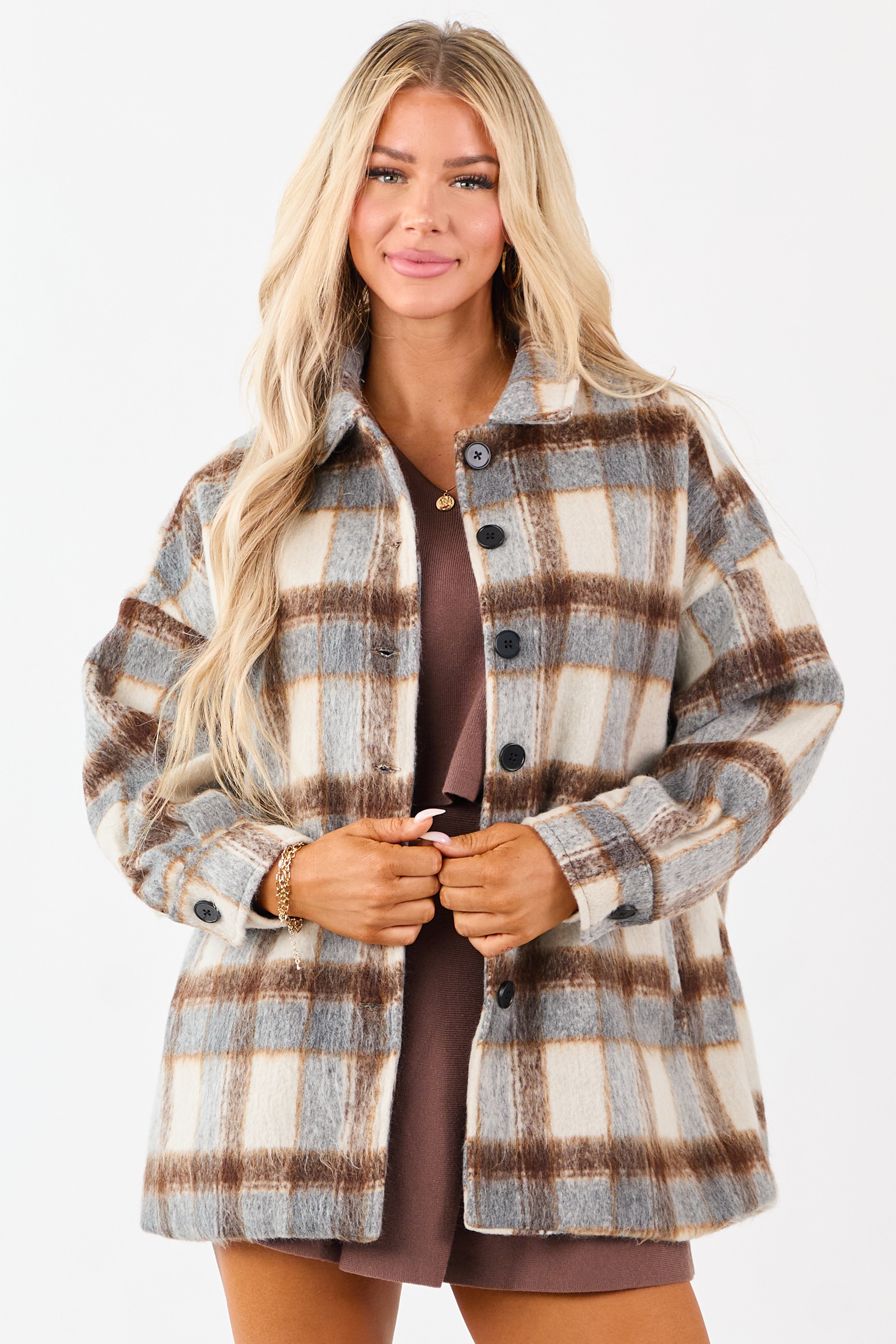 Caffeine Plaid Brushed Façade Shacket in Shades of Slate Grey, Almond, and Camel
