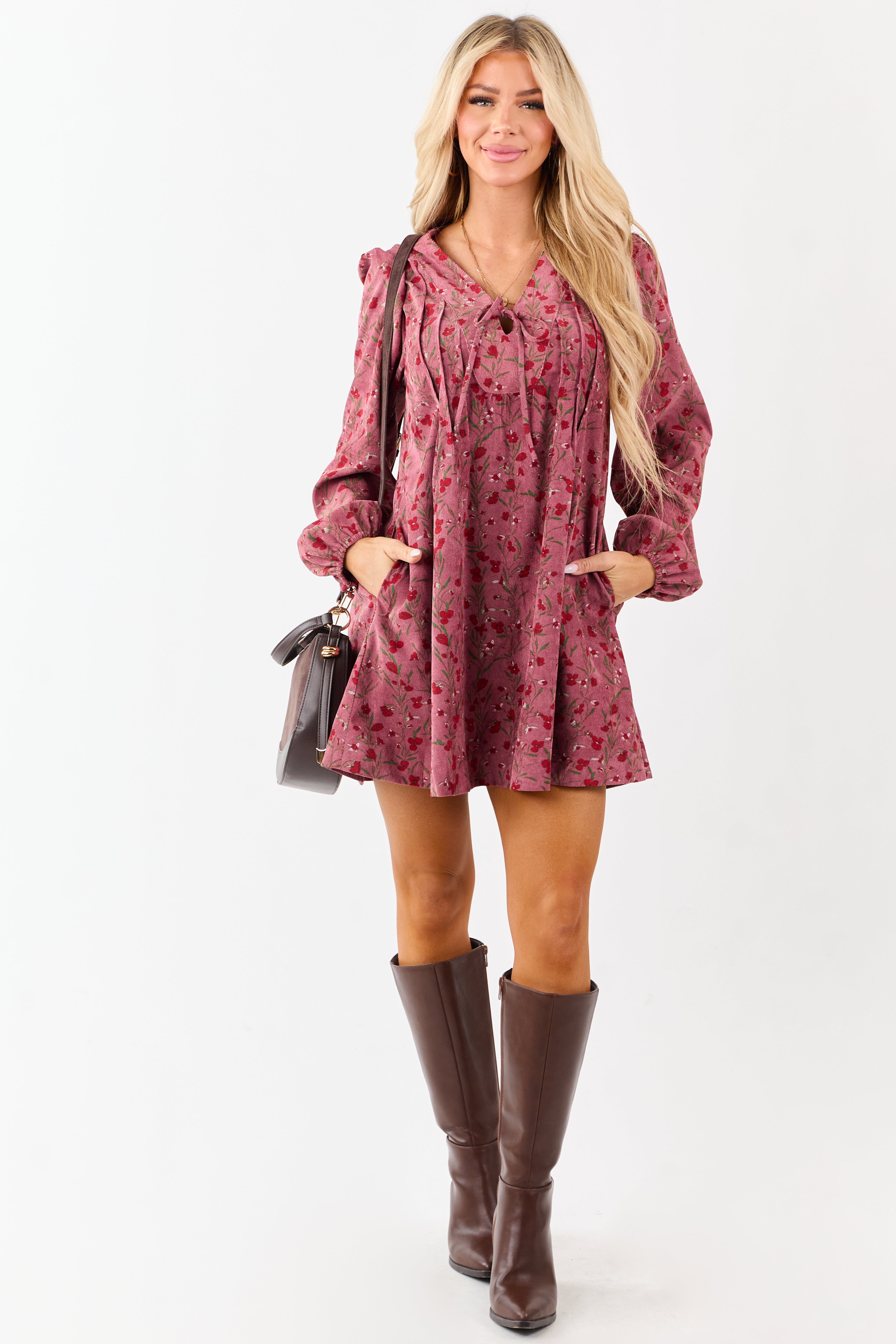 Floral Pintuck Corduroy Tent Mini Dress