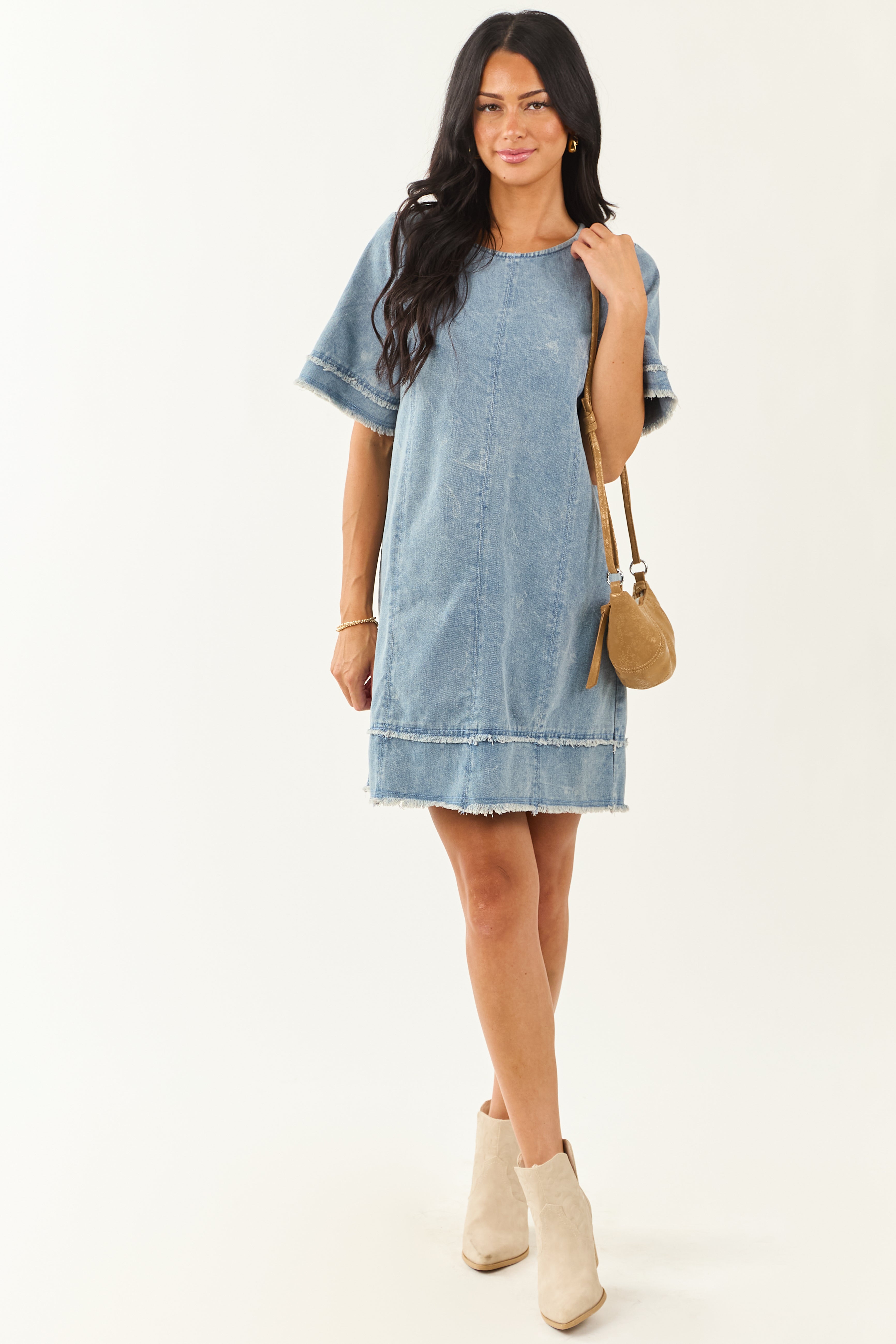 Vintage Denim Shift Mini Dress with Frayed Trim