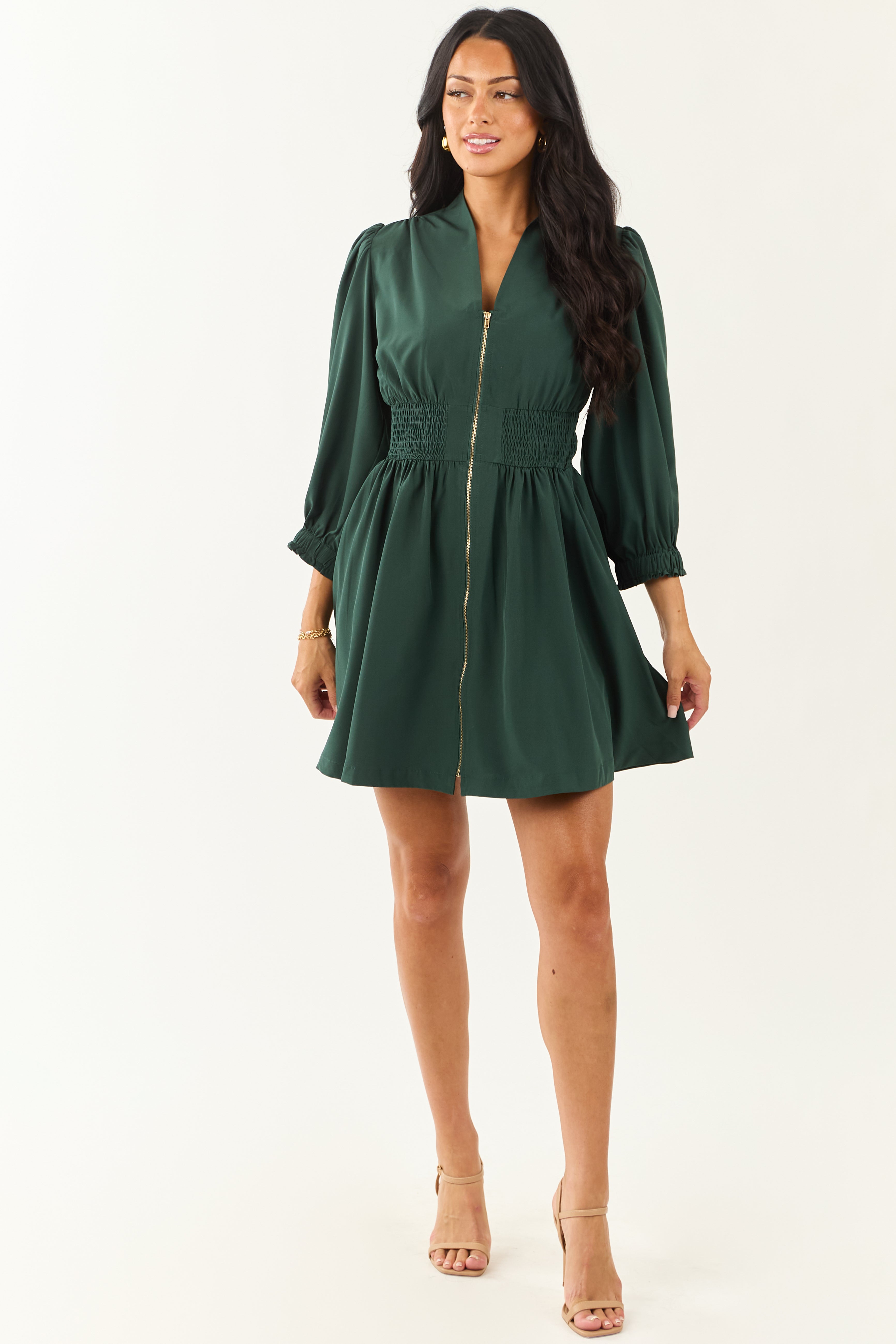 Green Smocked Waist Mini Dress with Zip Front