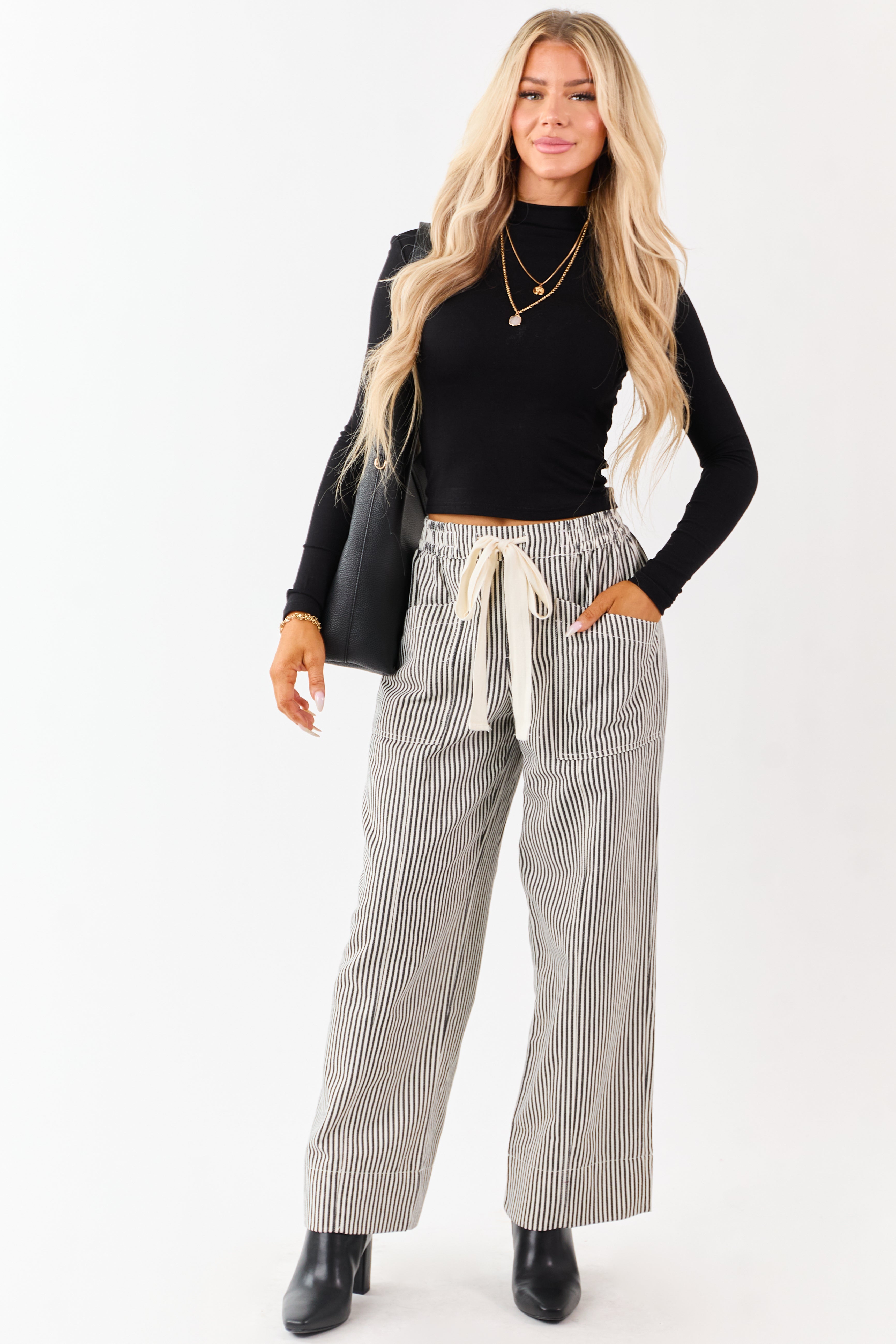 Wide Leg Drawstring Pants in Black and Cream Stripes