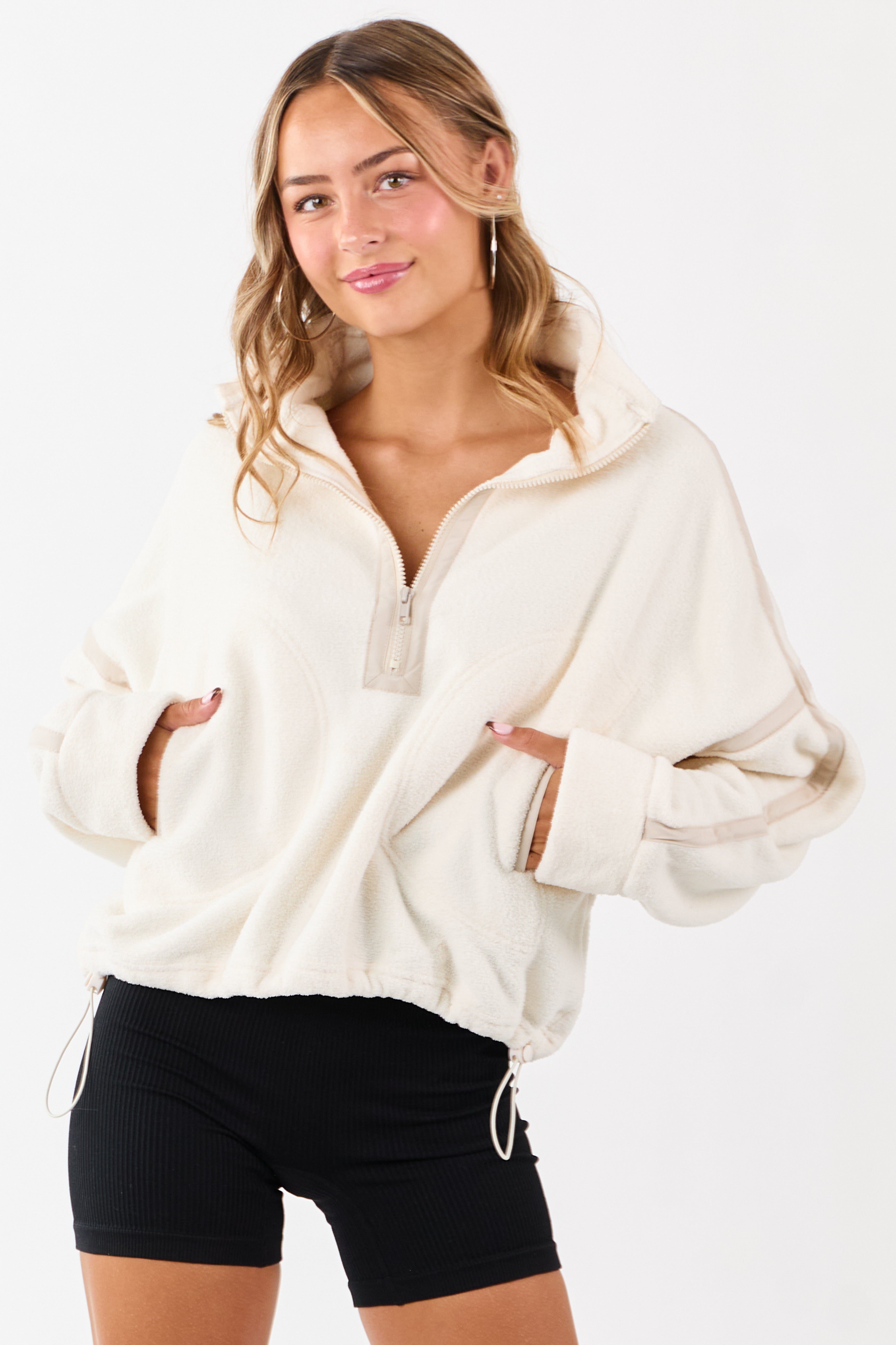 Stylish Ivory Fleece Jacket with Contrast Trim
