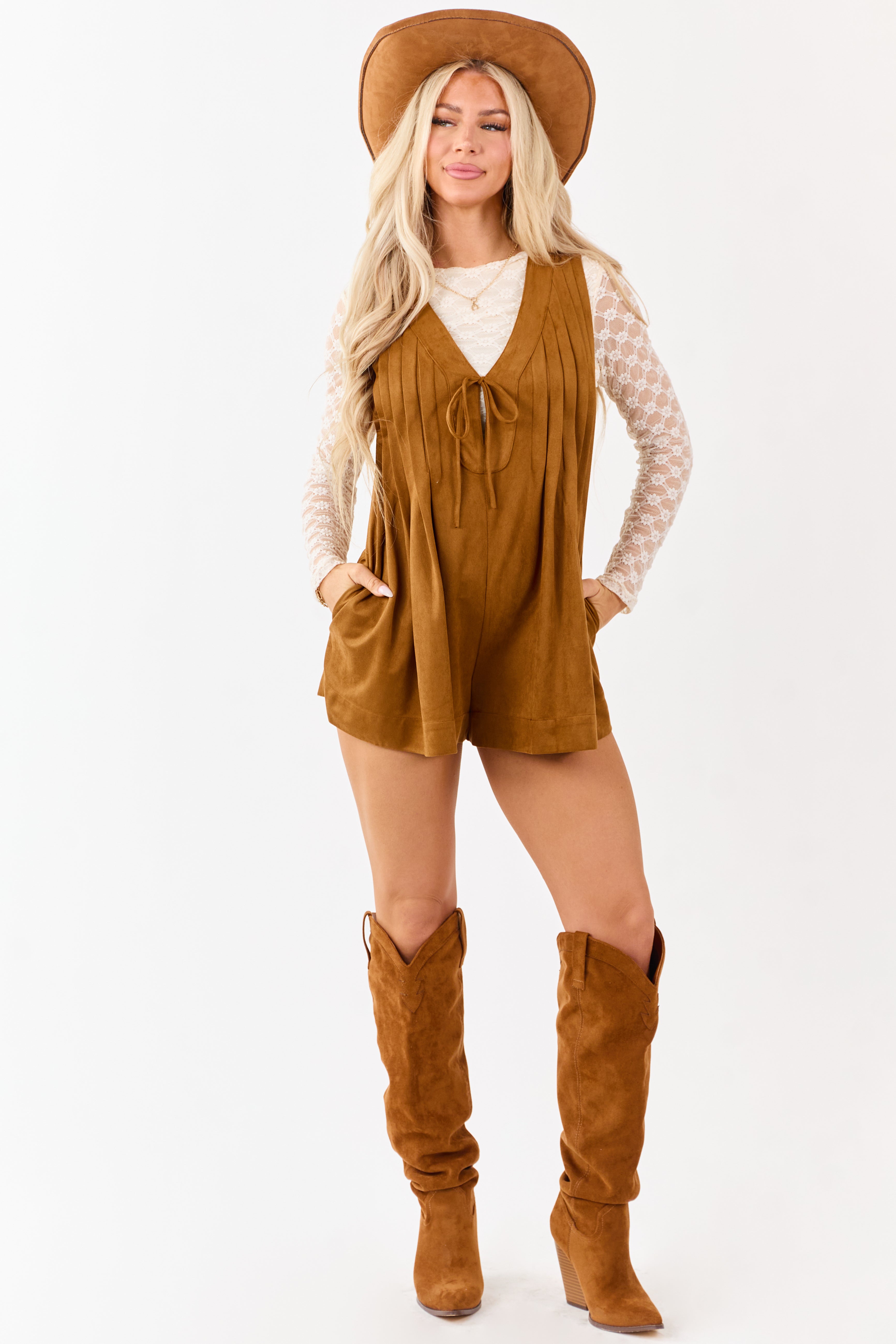 Baby Pink Faux Suede Pintuck V-Neck Tie Romper