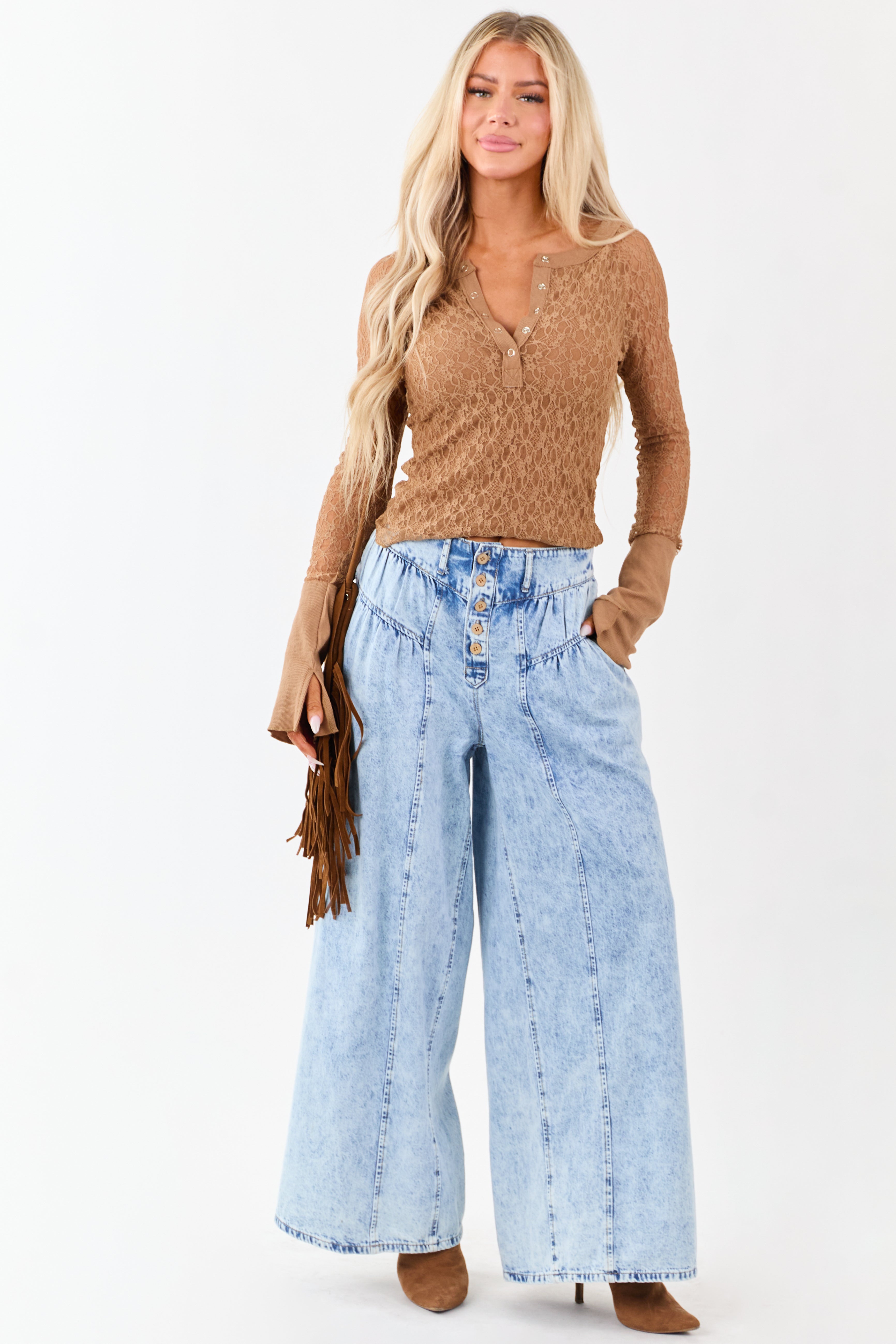 High Rise Acid Wash Wide Leg Jeans in Blue Denim