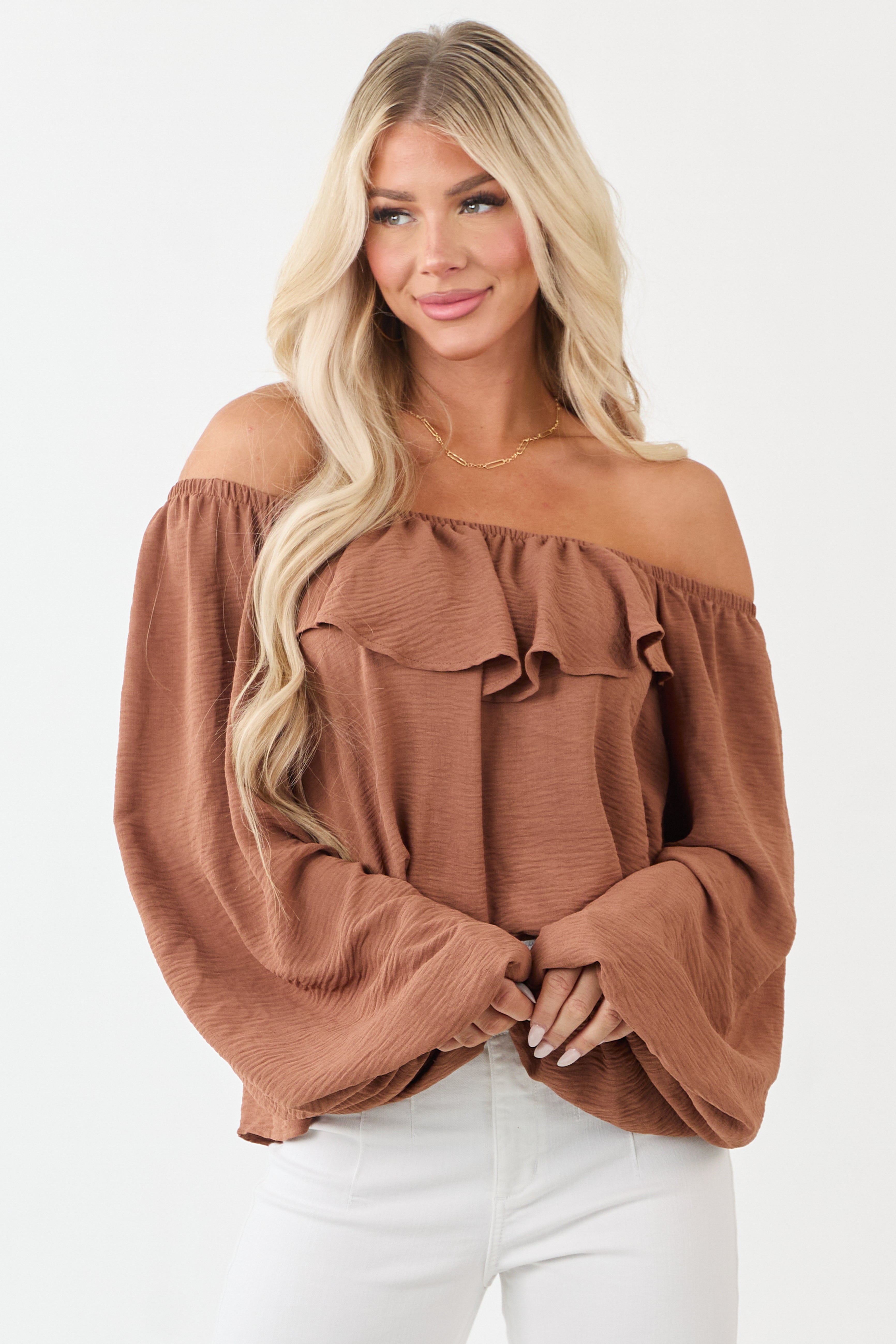 Cognac Boho Elastic Neckline Ruffle Yoke Top