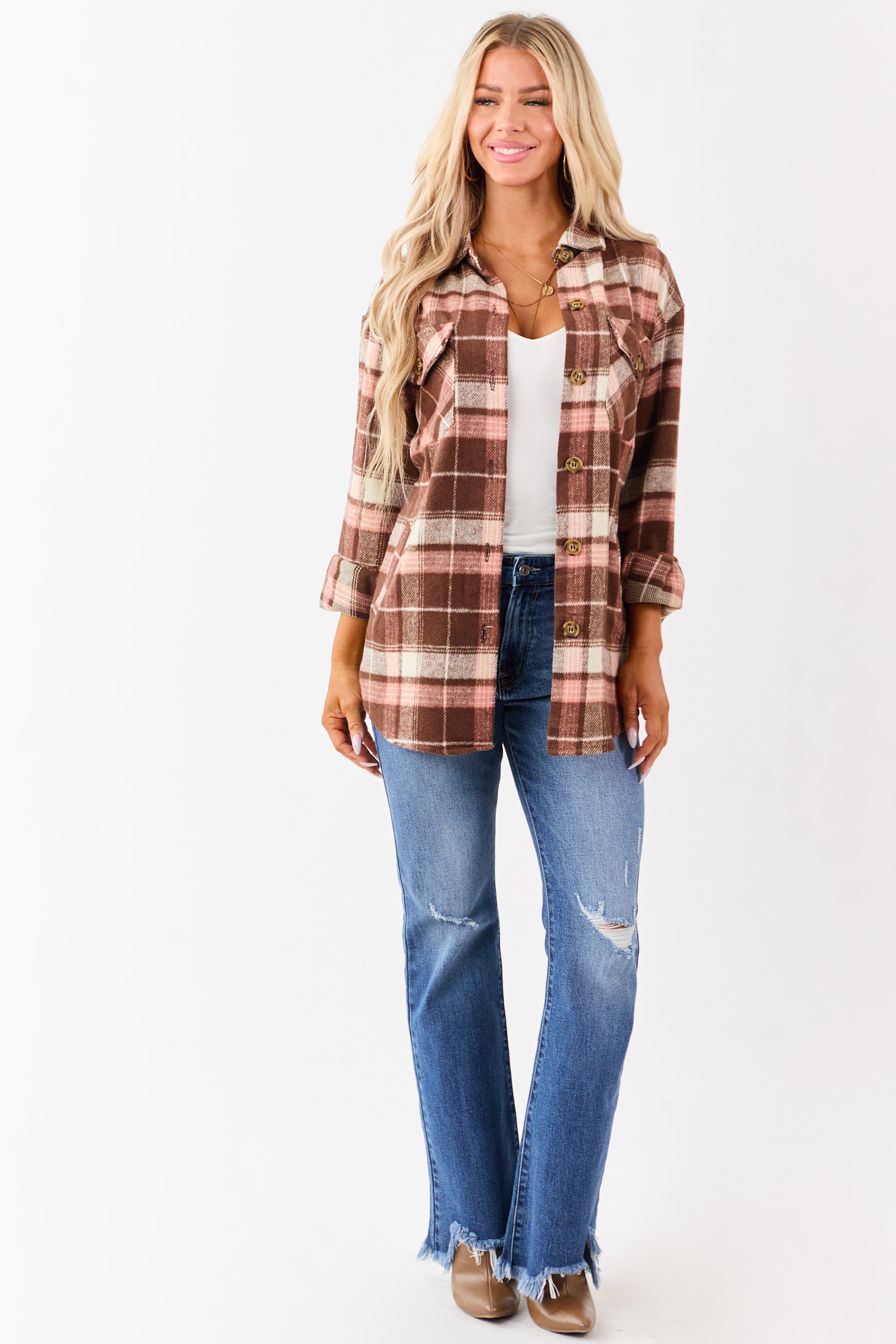 Cozy Cocoa Plaid Collared Shacket for Fall