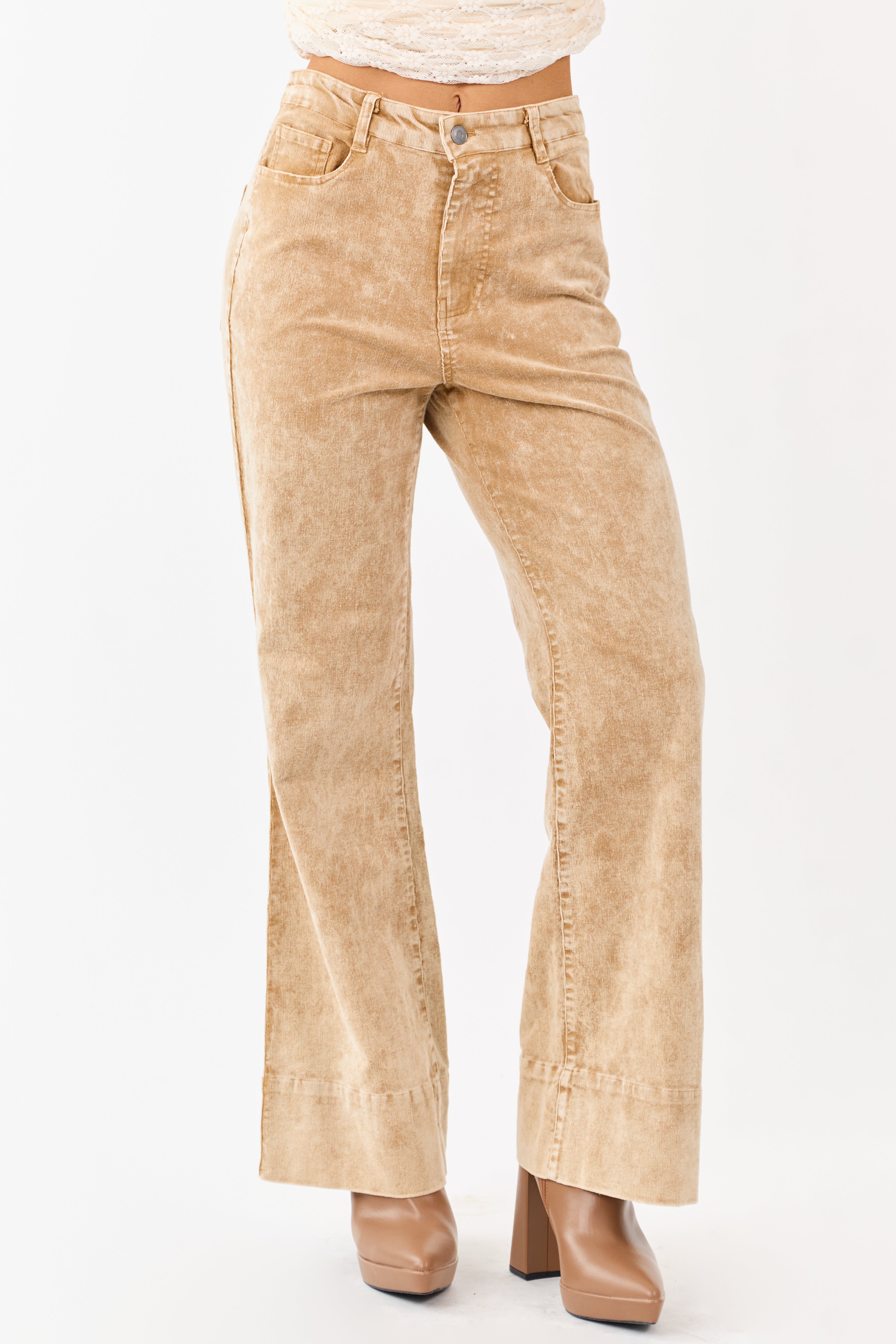 Beige Corduroy Flare Pants with Mineral Wash - High Waisted