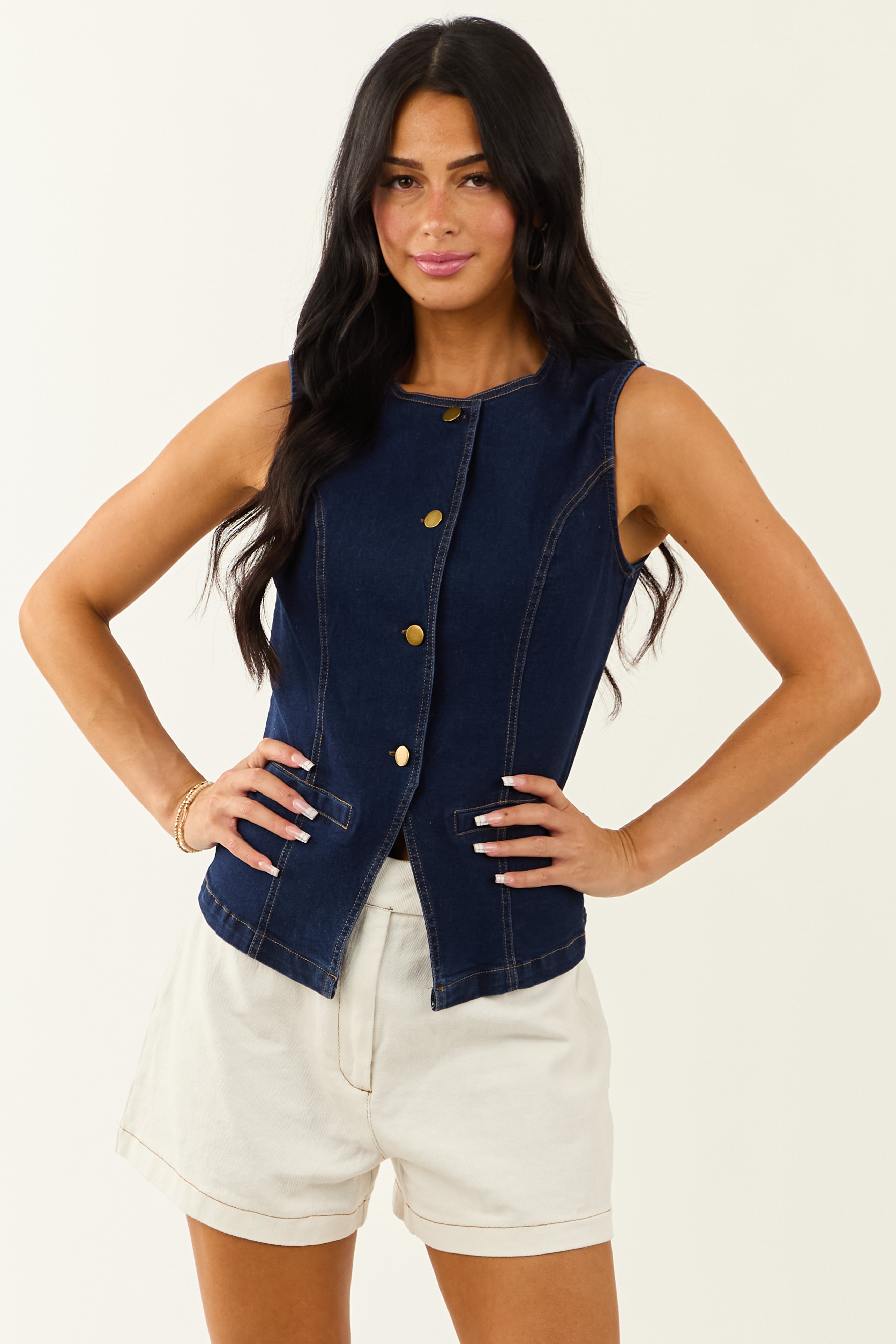 Dark Wash Stretchy Denim Button Down Vest