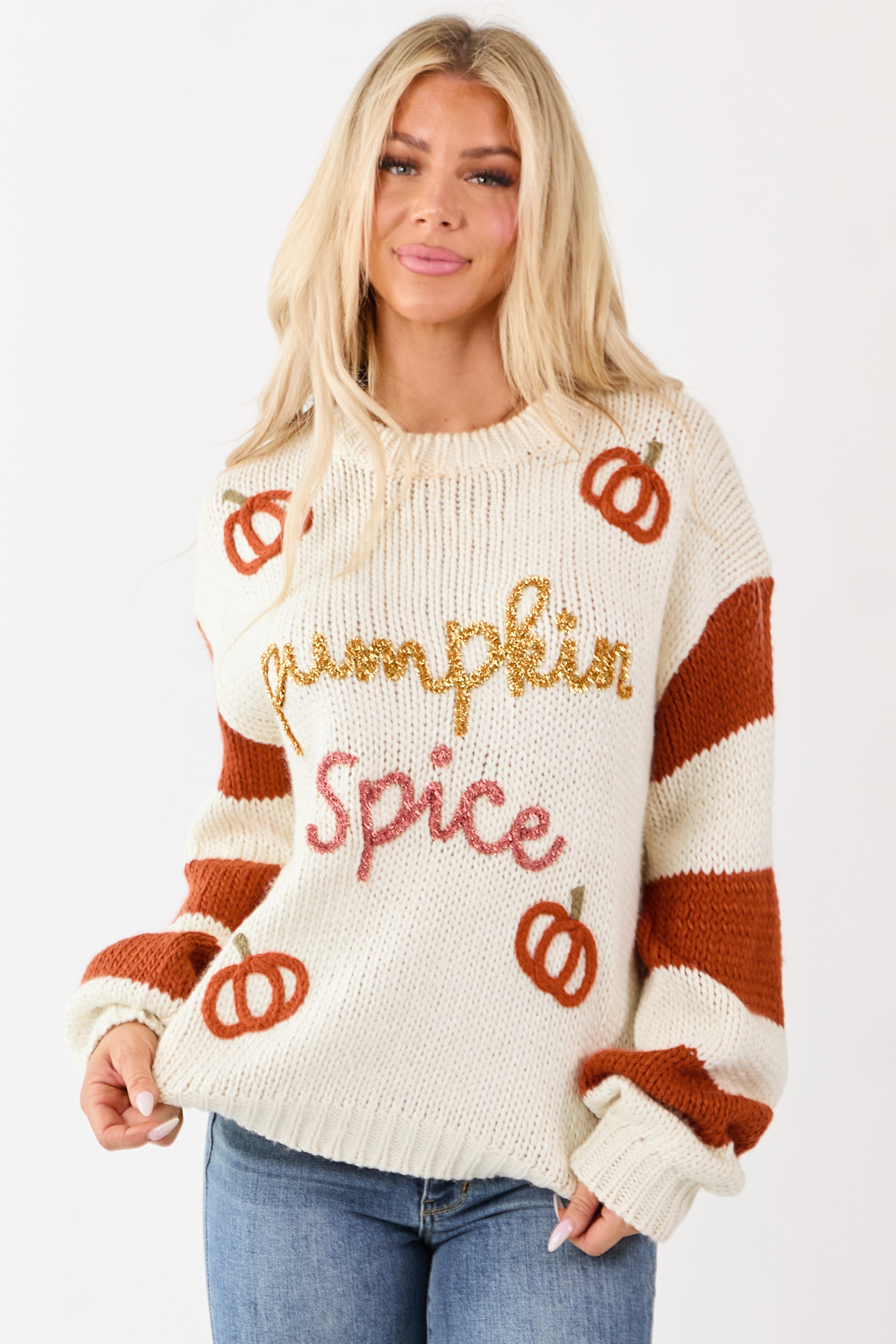 Cream Soft Knit Fall Sweater with Pumpkin Spice Graphic
