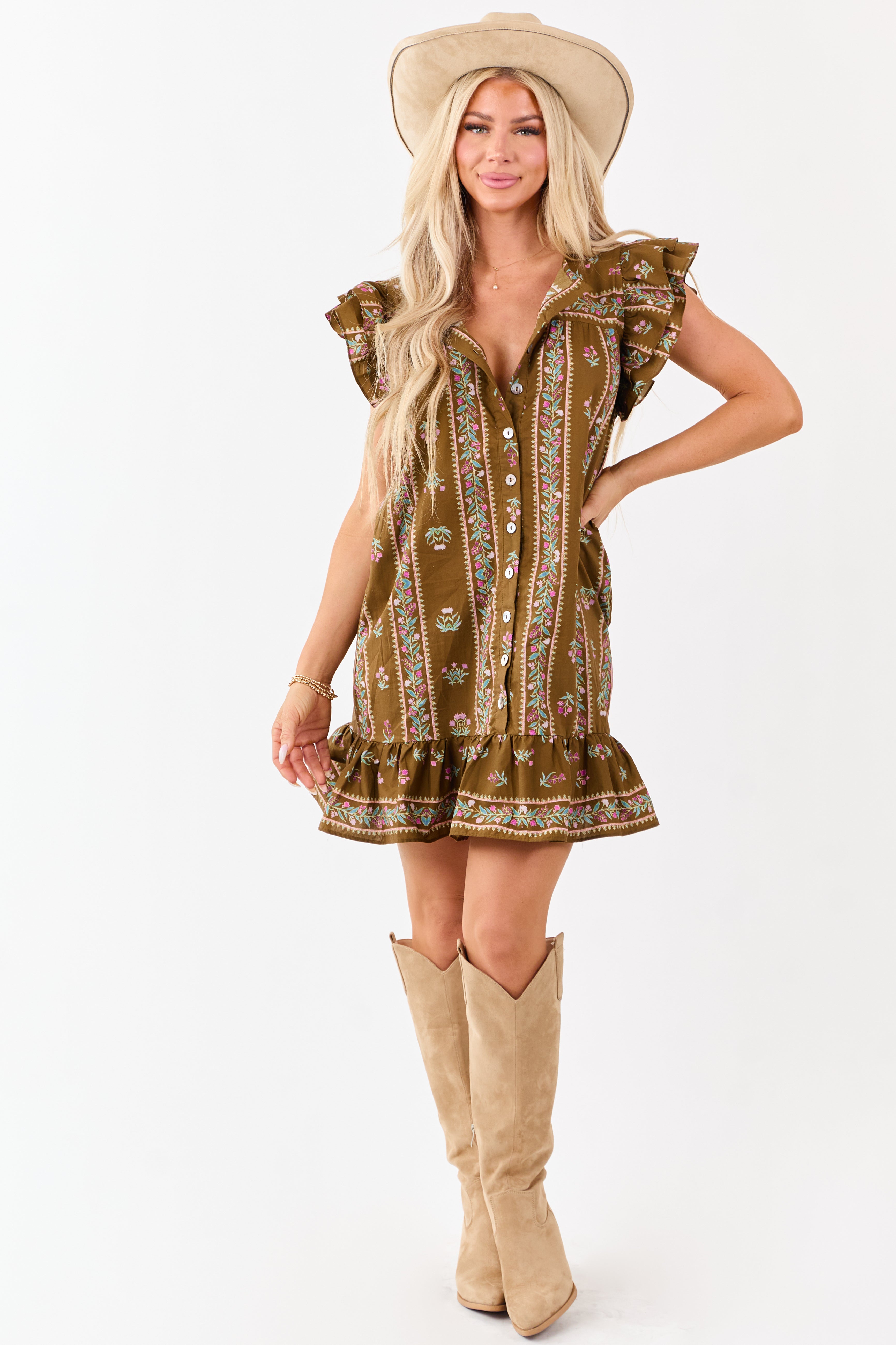 Floral Print Ruffle Sleeve Mini Dress in Cotton Fabric