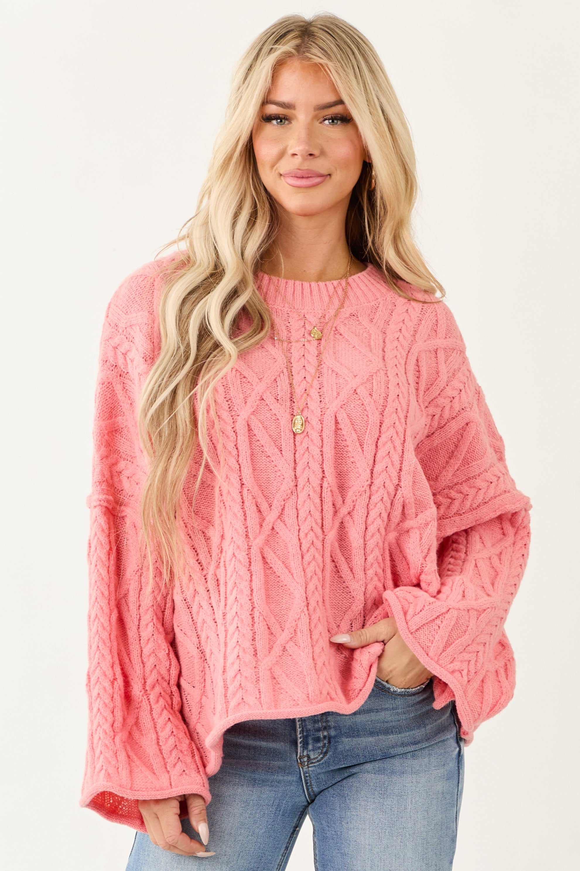 Cozy Pink Cable Knit Oversized Sweater
