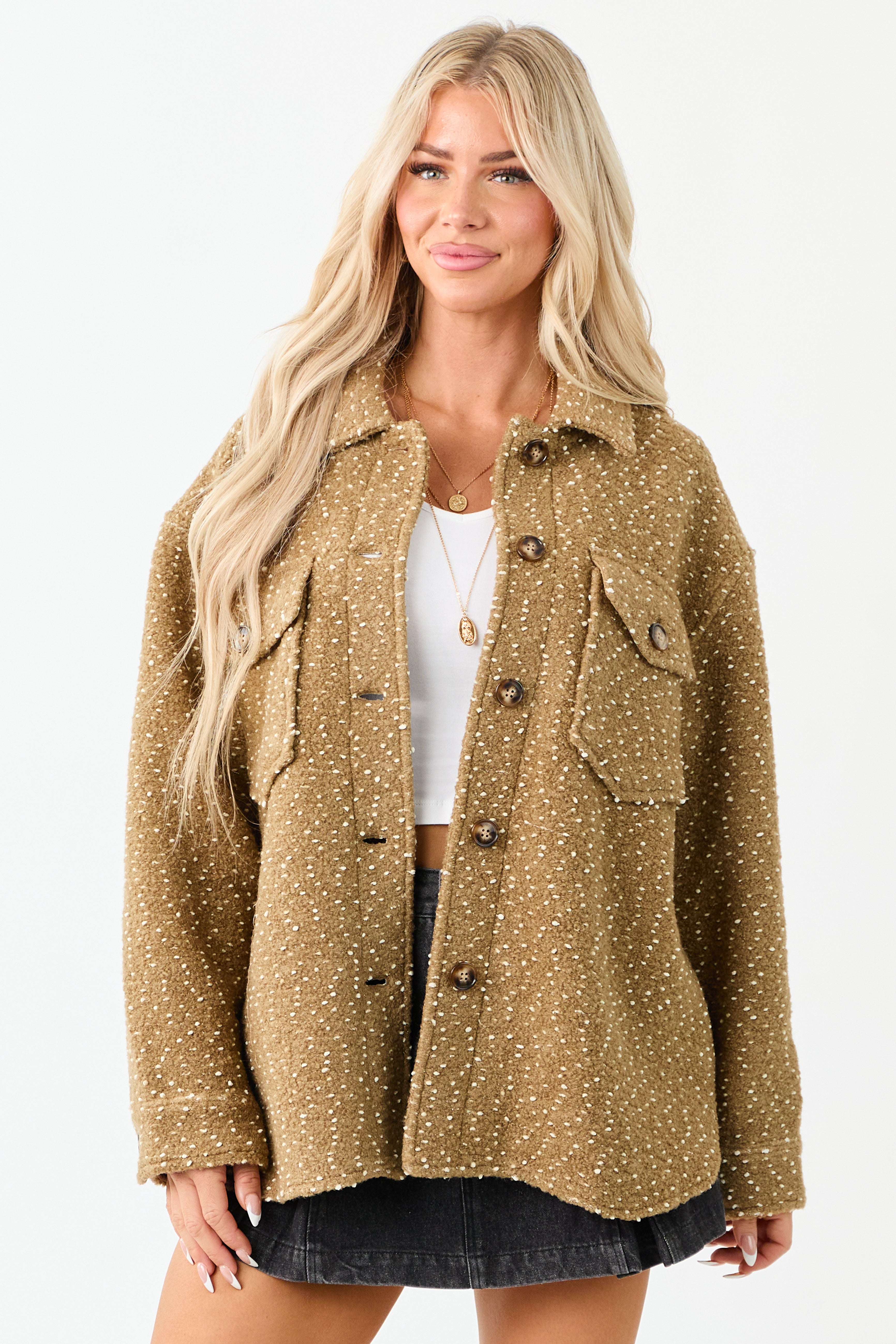 Camel Wool Blend Button-Up Jacket with Textured Bouclé Pattern