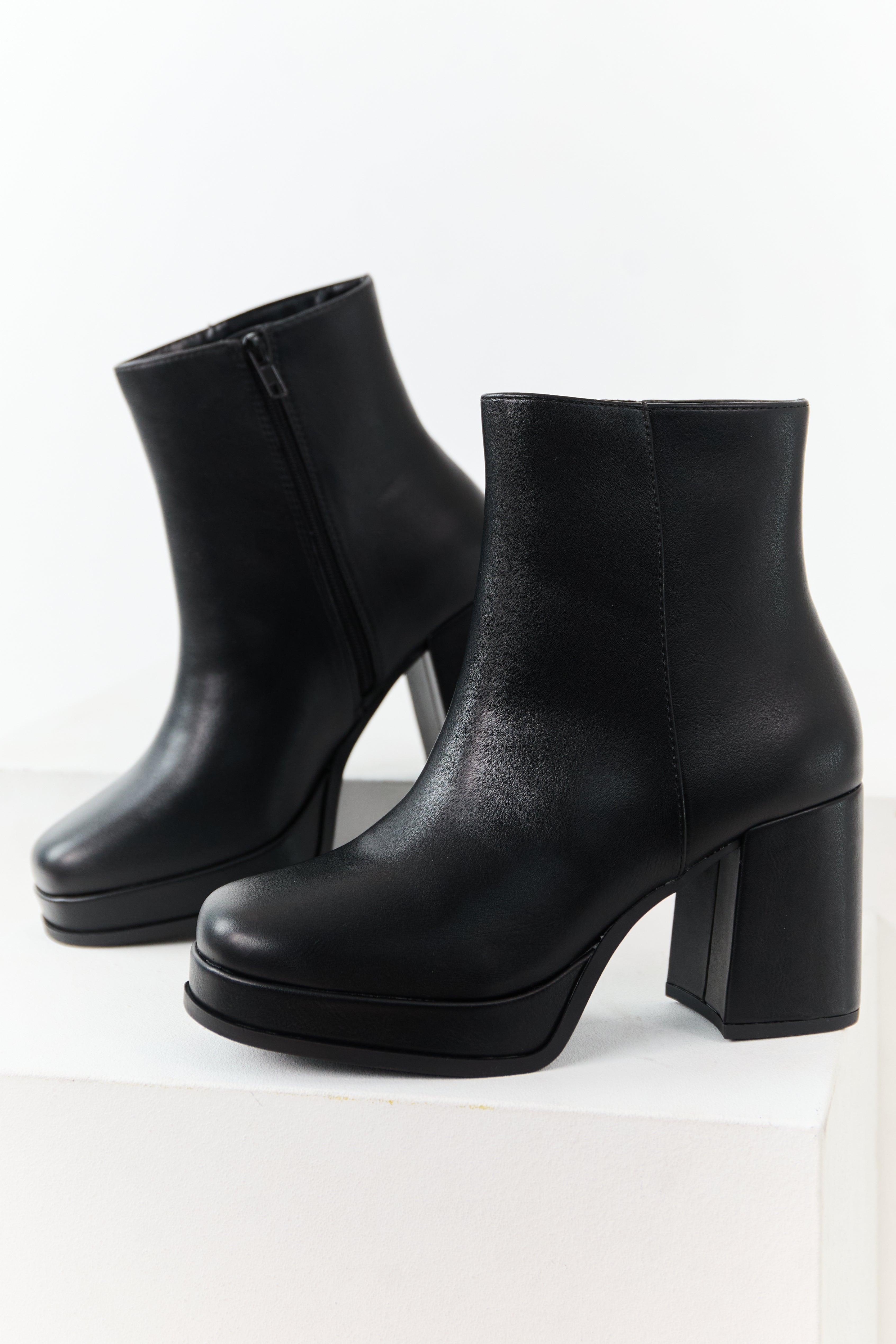 Black Block Heel Round Toe Booties - Stylish Faux Leather Boots