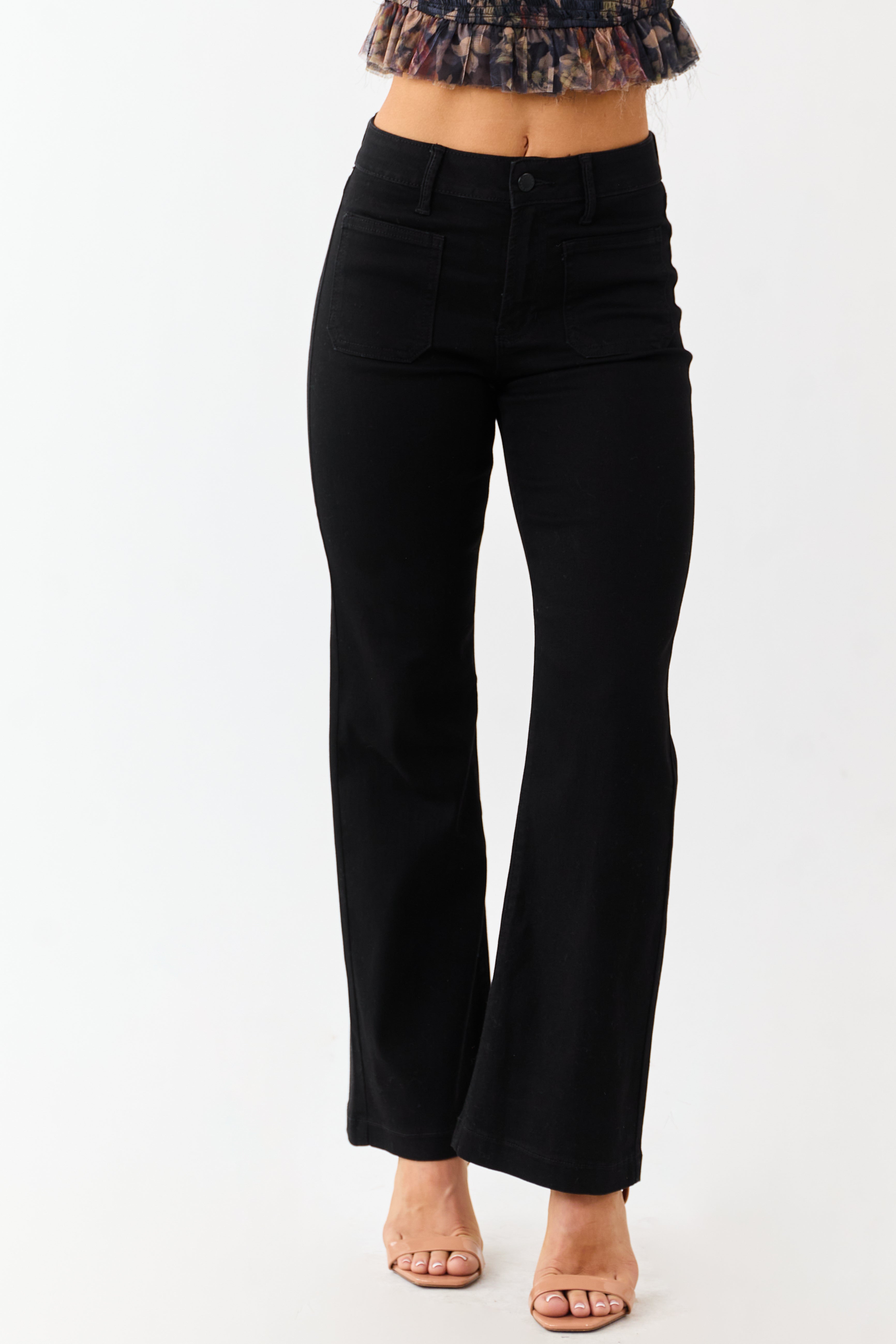 Black Stretch Denim Flare Jeans with Patch Pockets