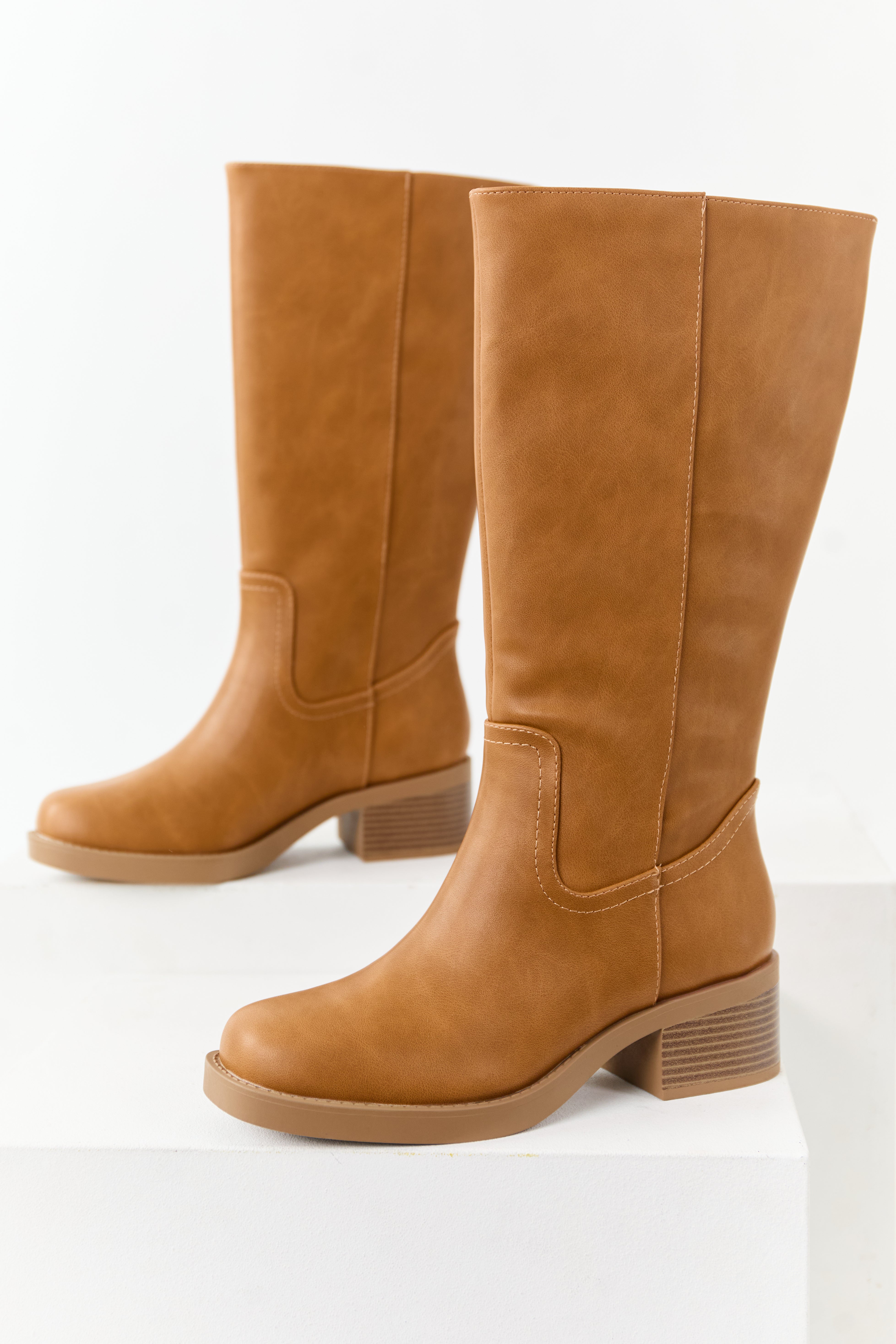 Brown Faux Leather Block Heel Tall Riding Boots