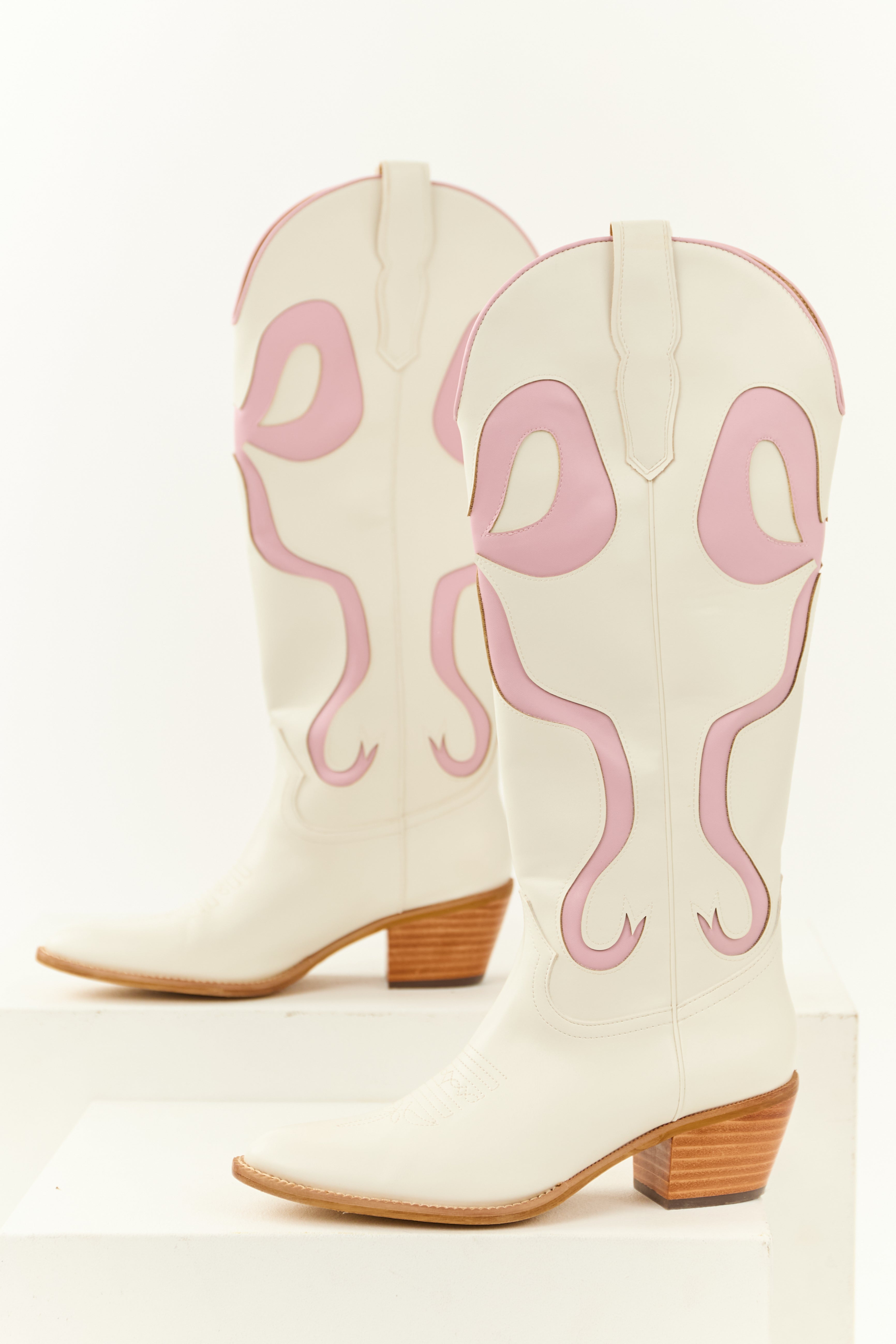 Western Ivory Knee High Heel Boots with Bow Accent