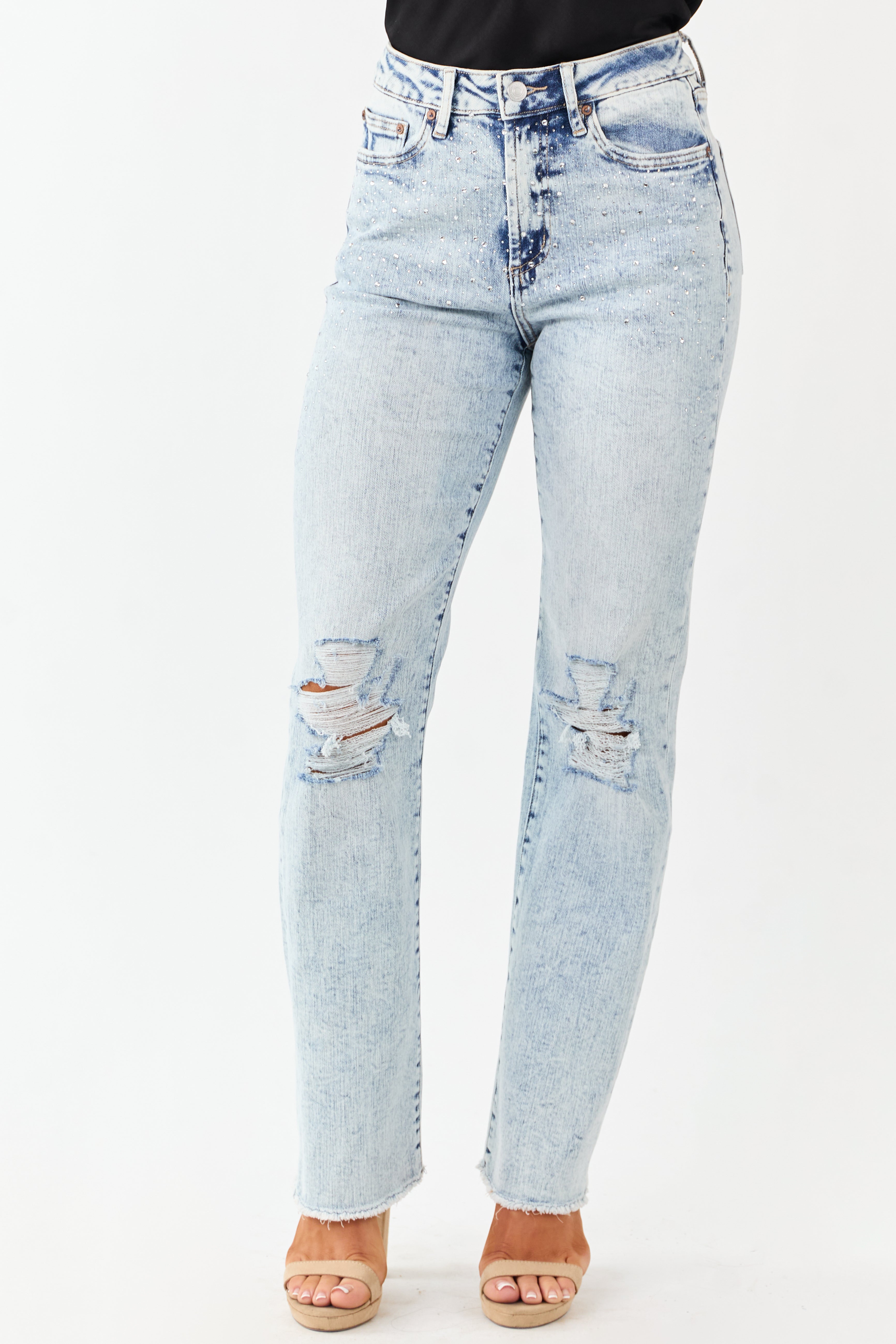 Light Acid Wash Rhinestone Distressed Stretchy Straight Jeans