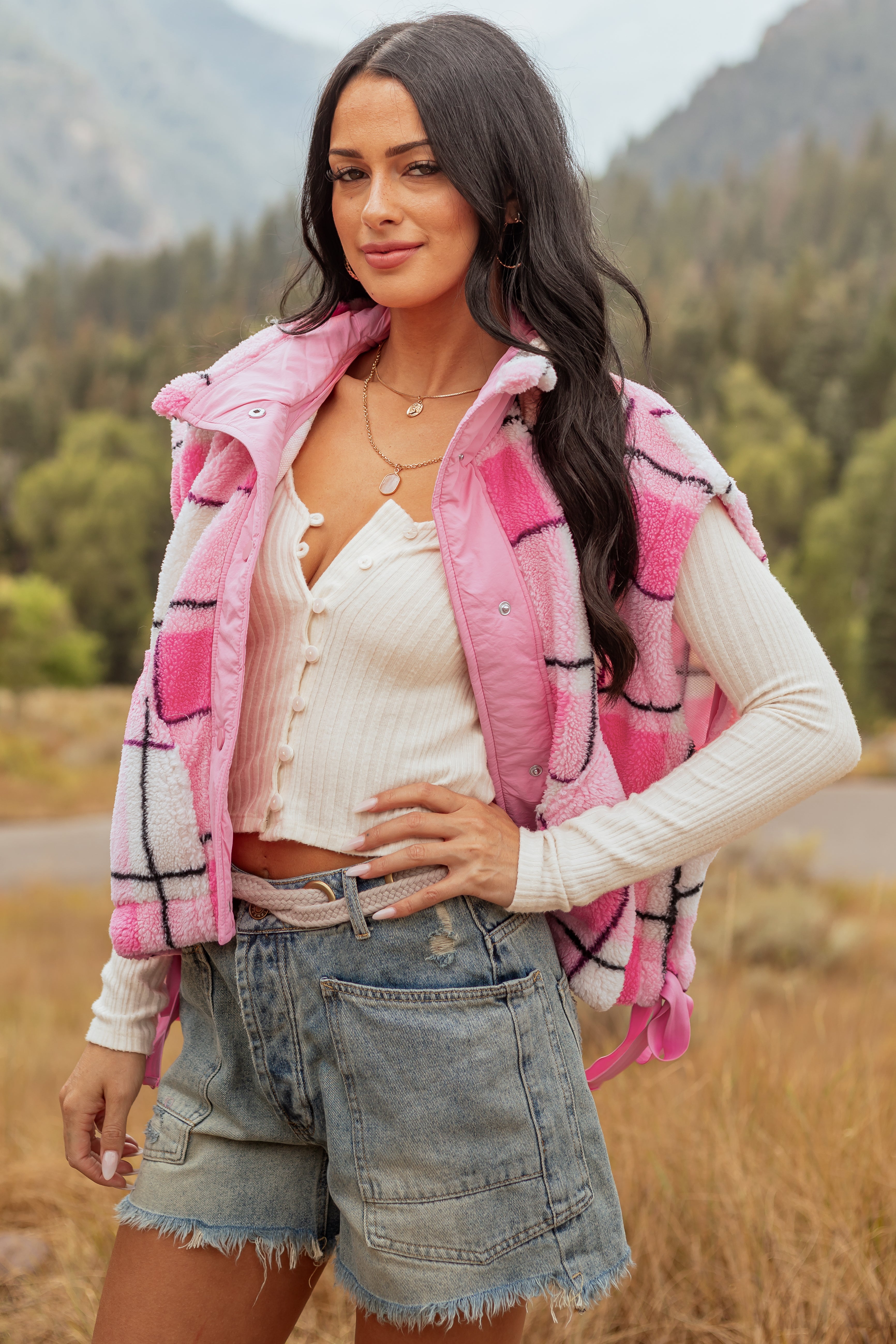 Fuchsia Plaid Snap Button Down Vest