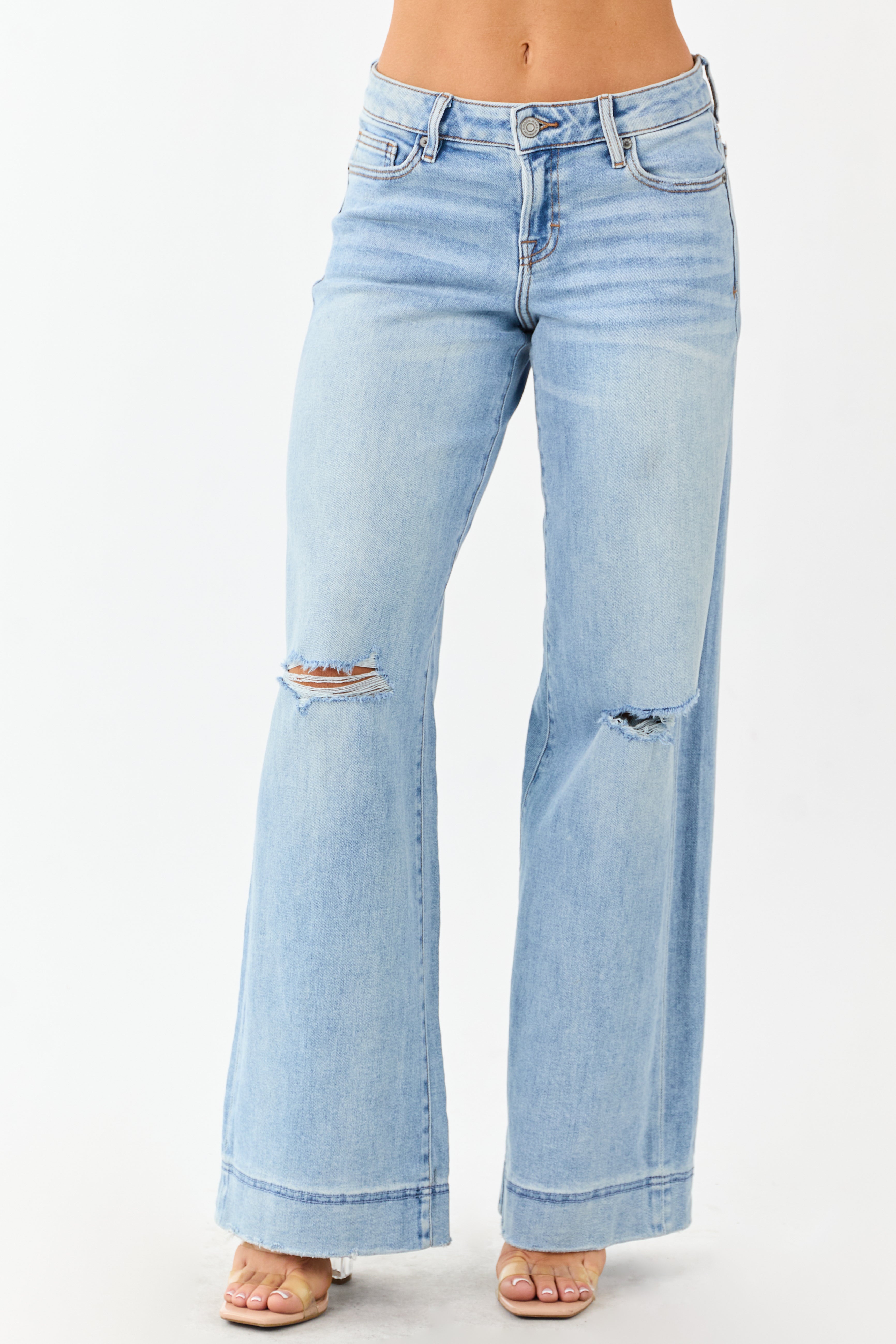 Light Wash Distressed Wide Leg Denim Jeans