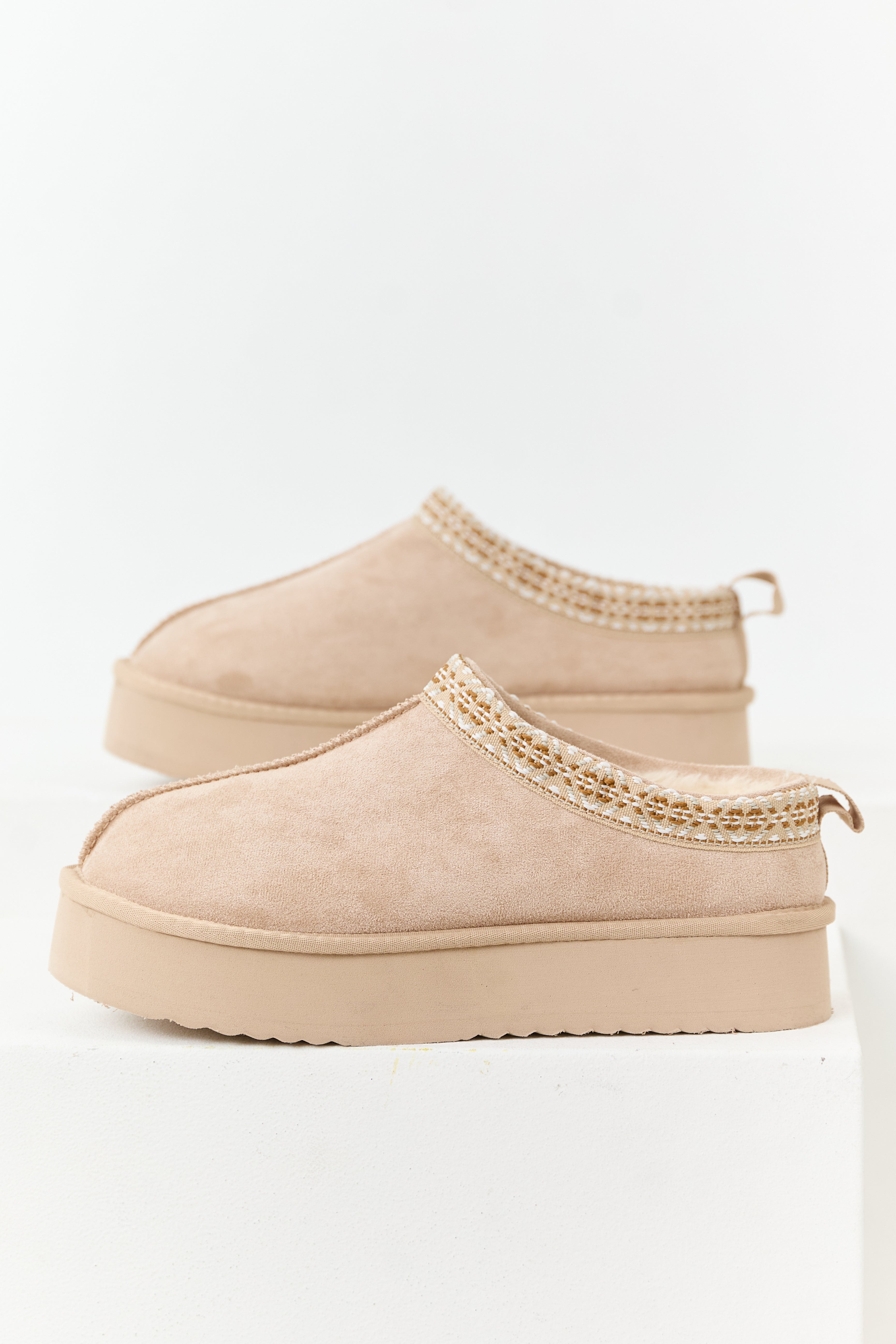 Faux Suede Fur Lined Platform Slippers - Desert Sand