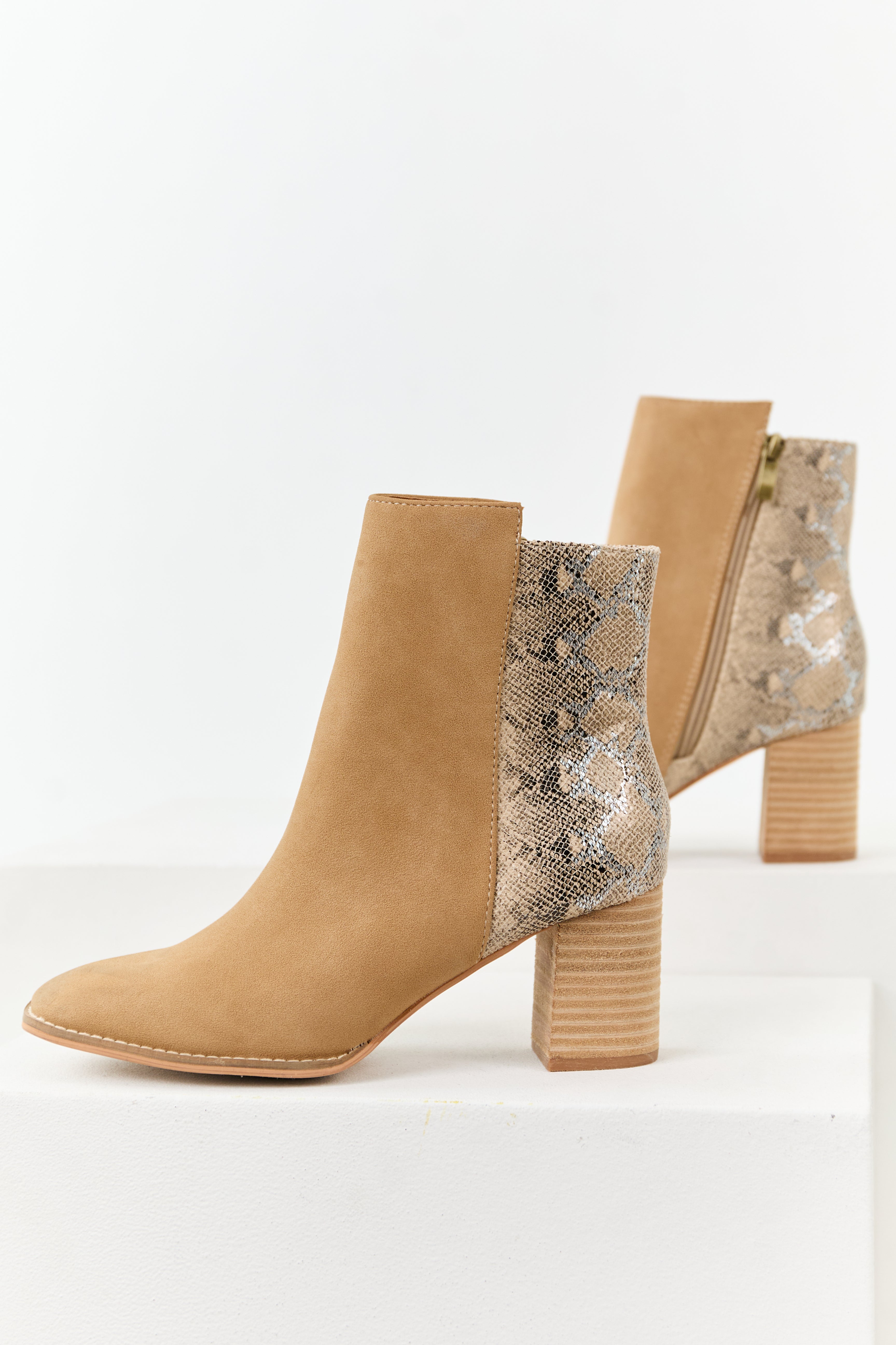 Block Heel Booties in Peanut Faux Snakeskin | Womens Chunky Heeled Shoes