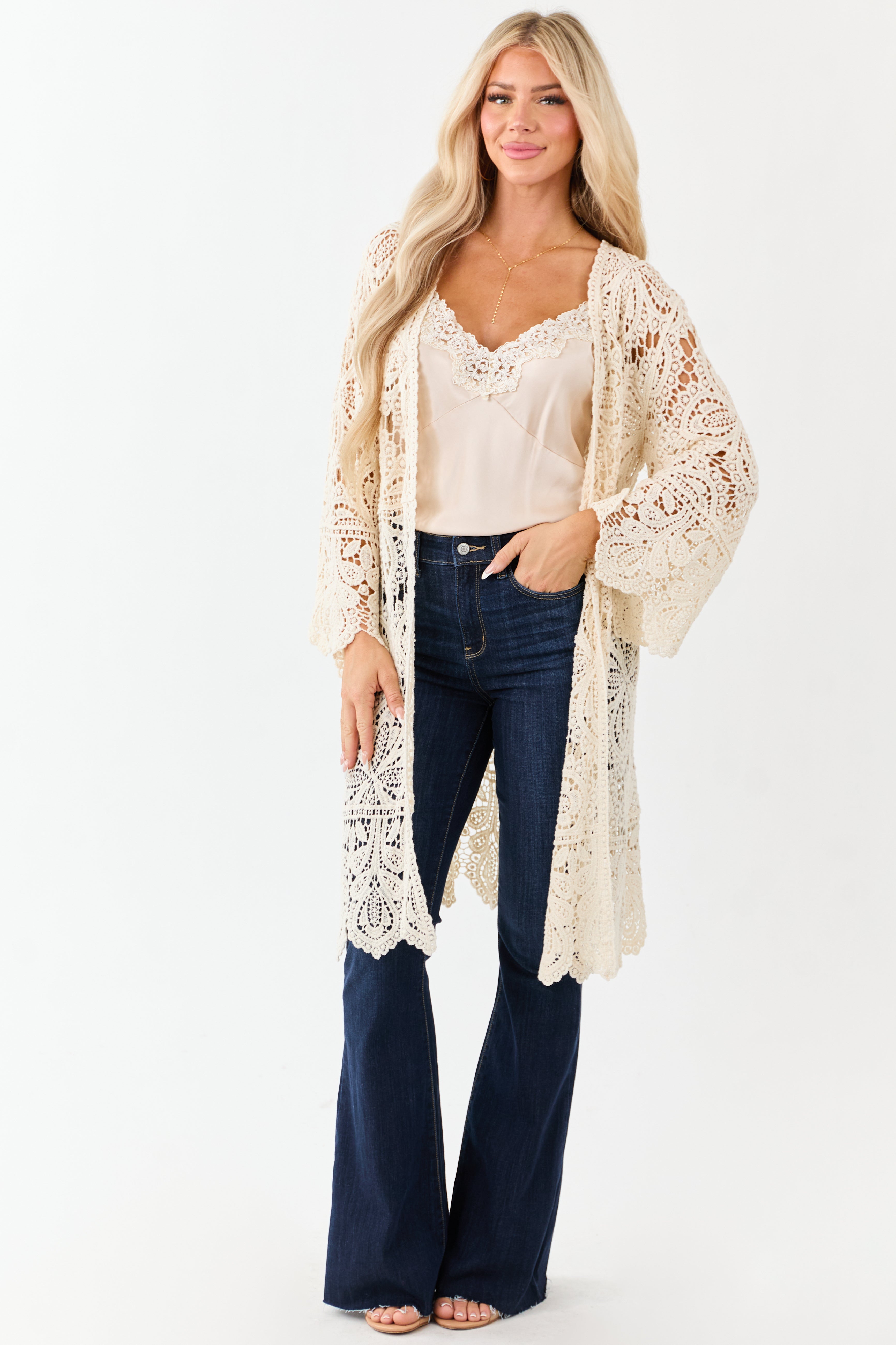Boho White Crochet Floral Duster Cardigan