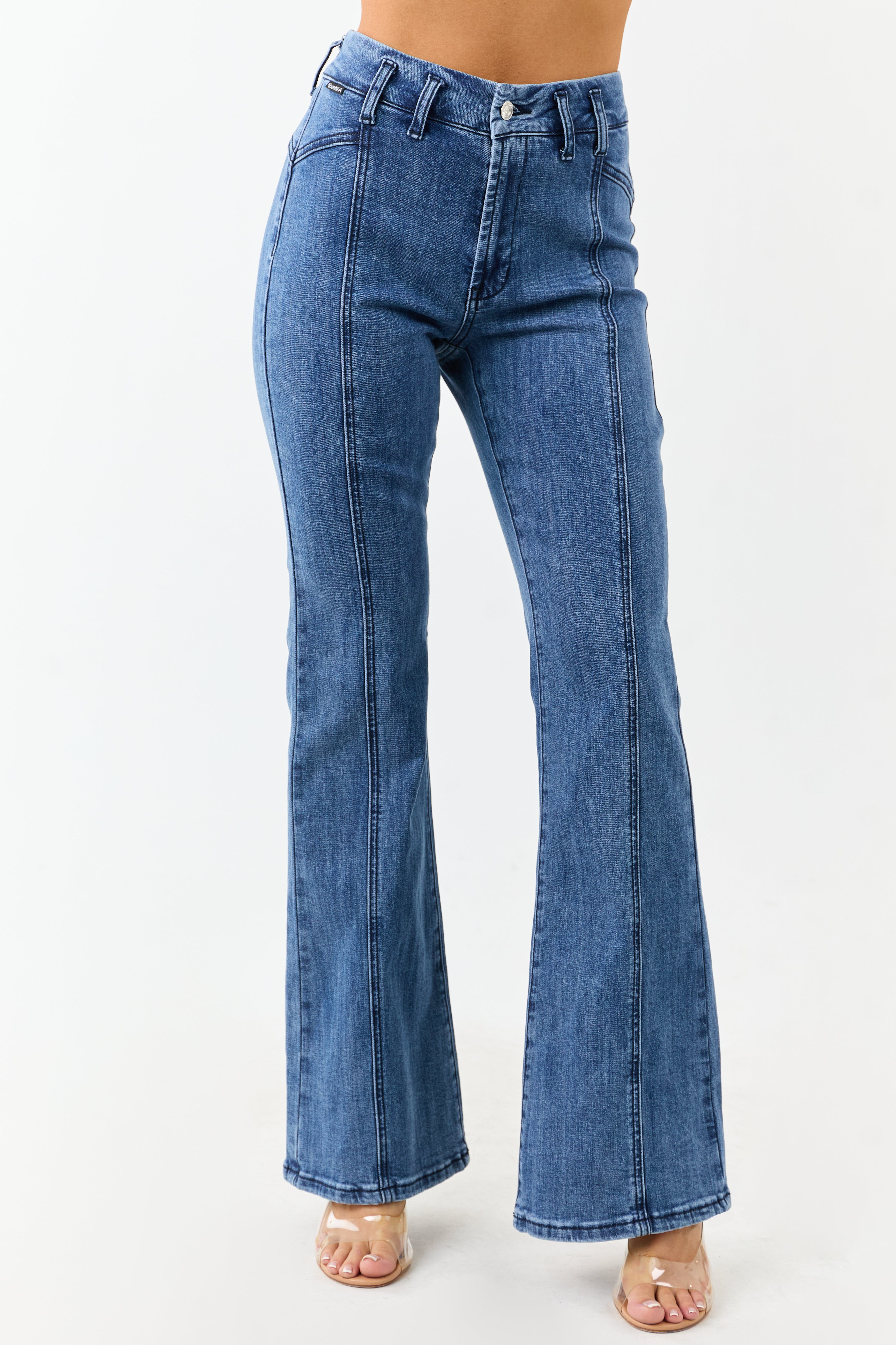 Stretchy Medium Dark Wash Flare Leg Jeans for Tall Women